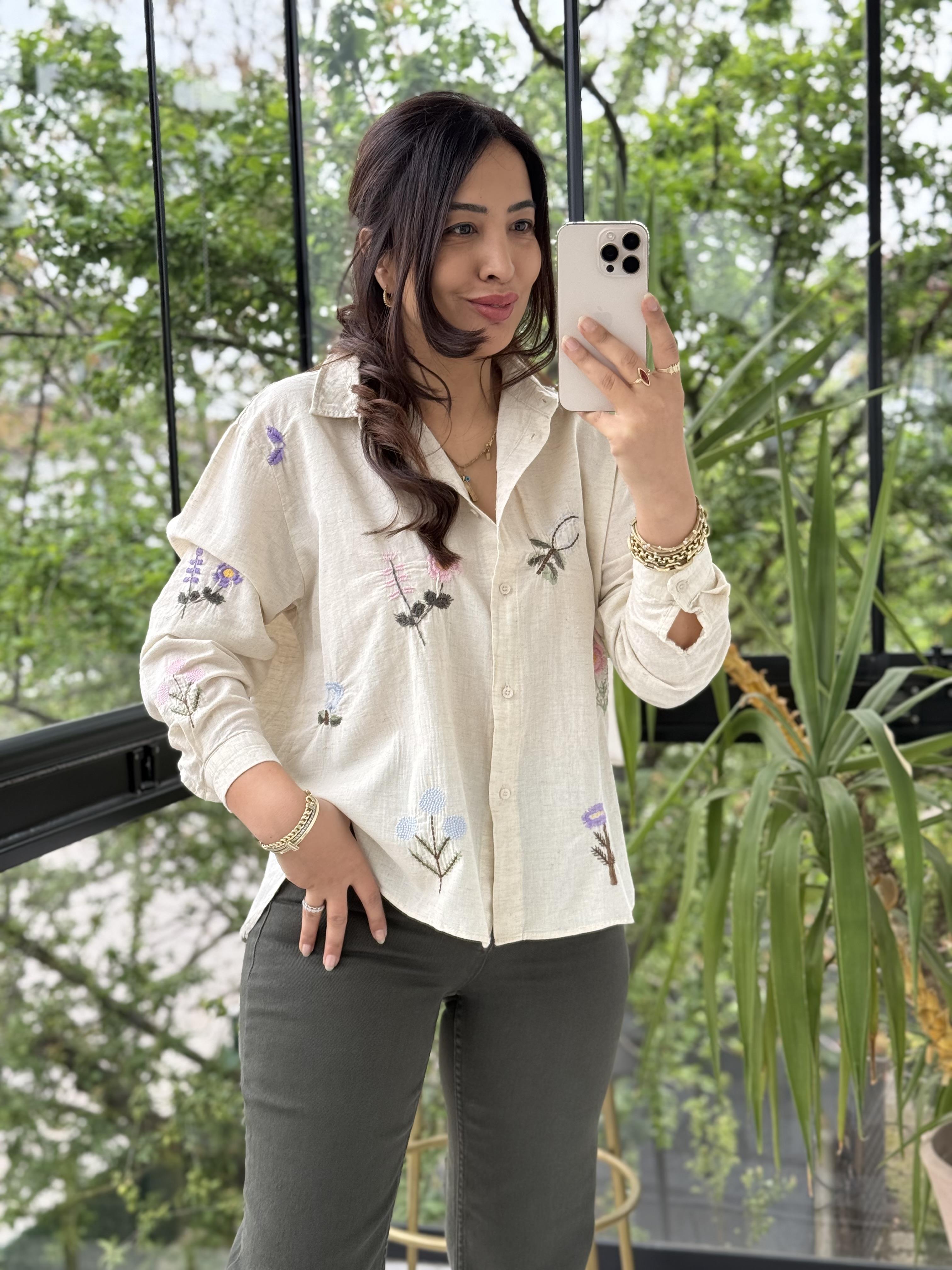 Bahar Nakışlı Gömlek Natural