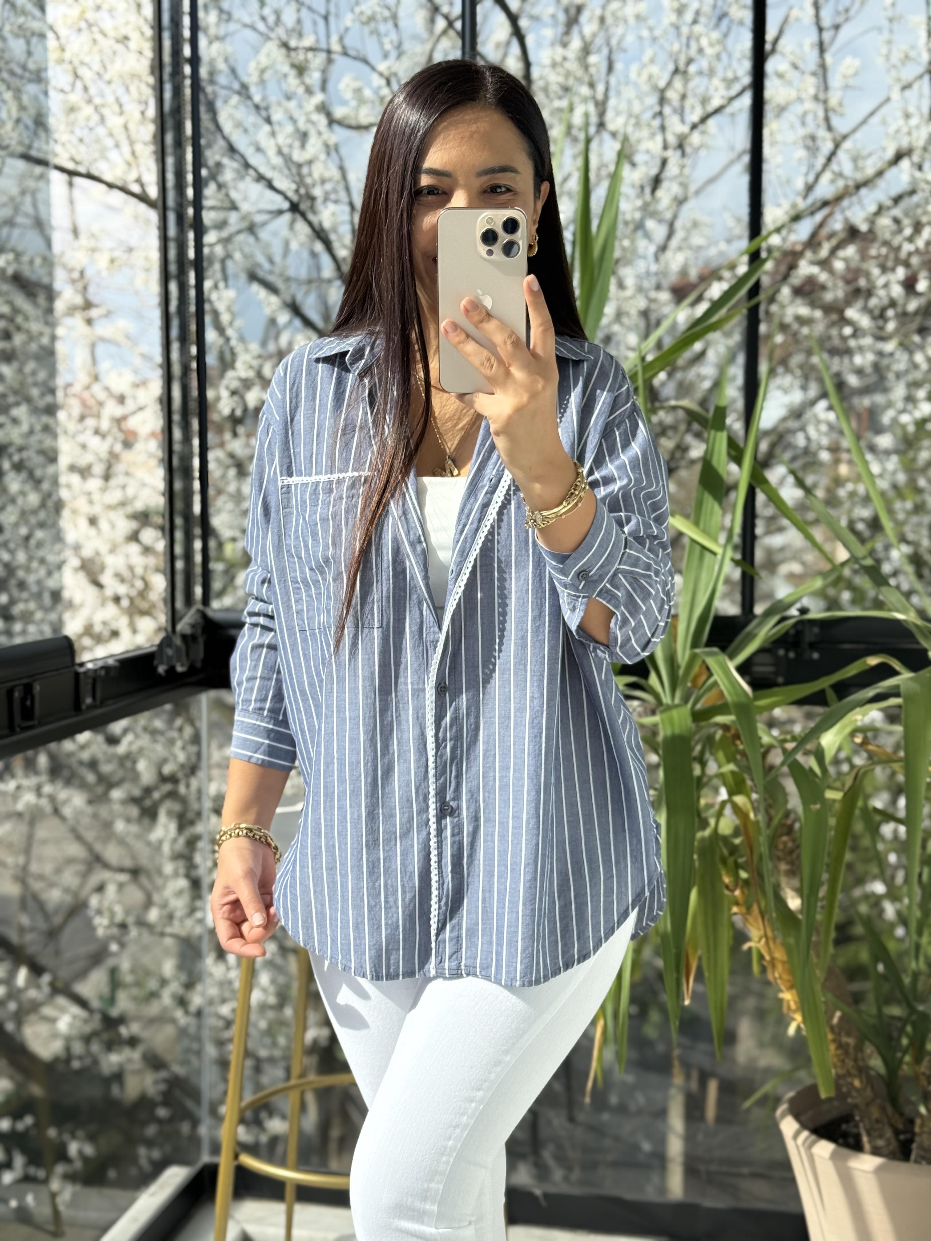 Motif Çizgili Cepli Gömlek Lacivert