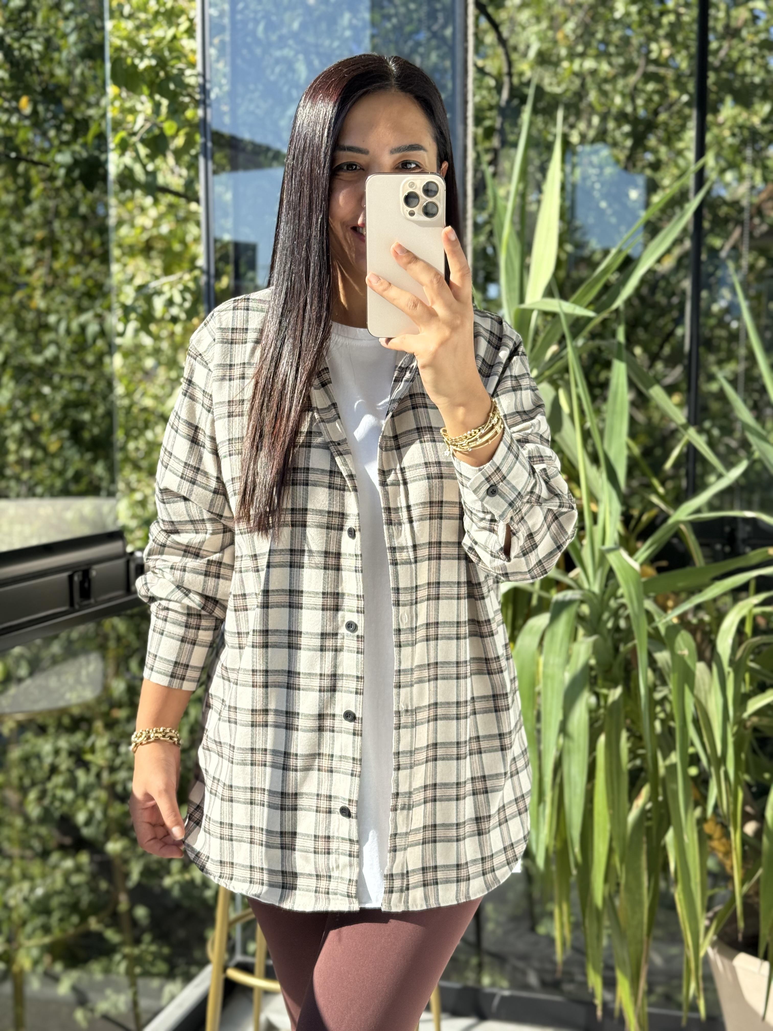 Ekoseli Oversize Gömlek Bej