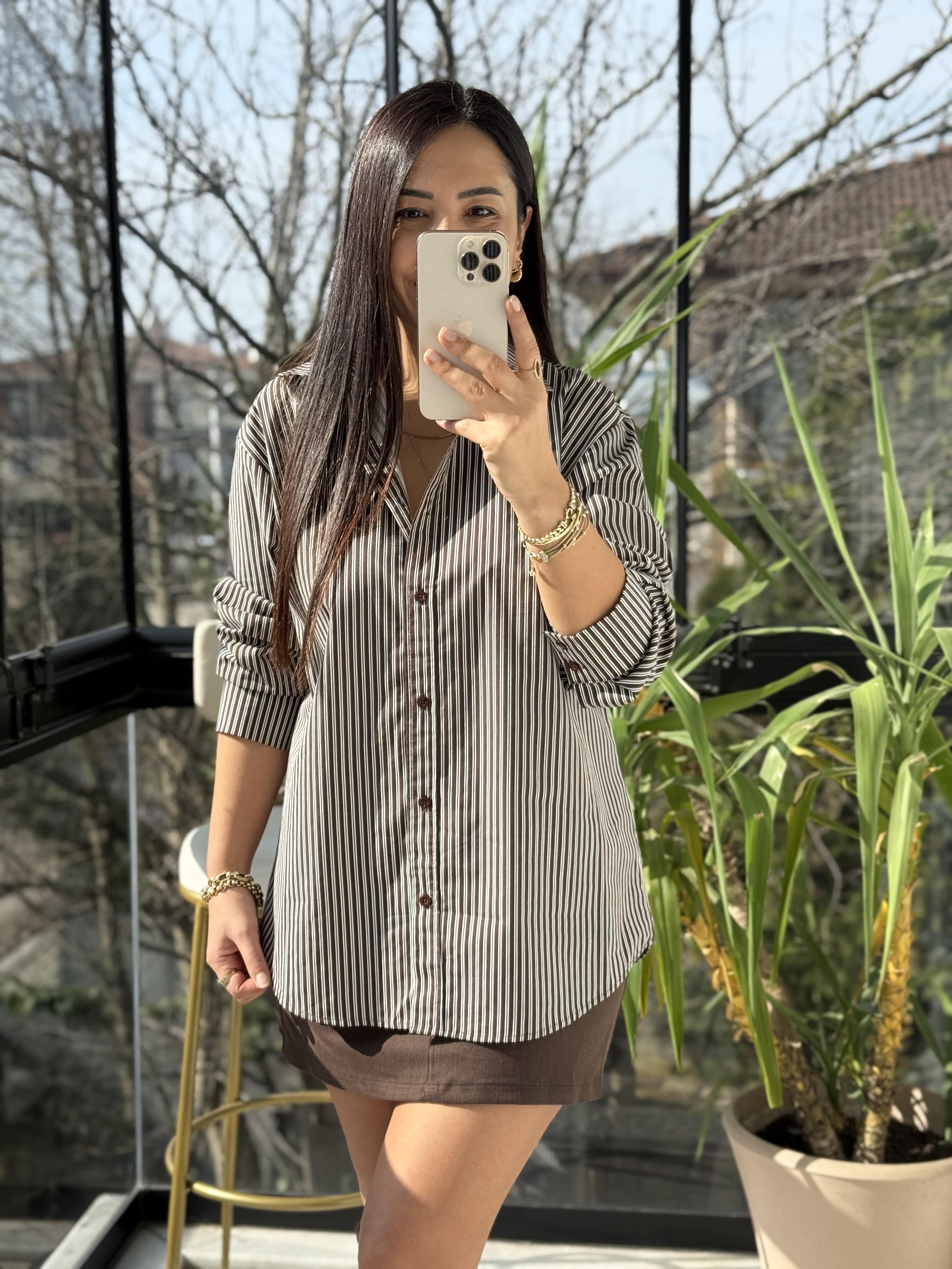 Çizgili Oversize Gömlek Kahve