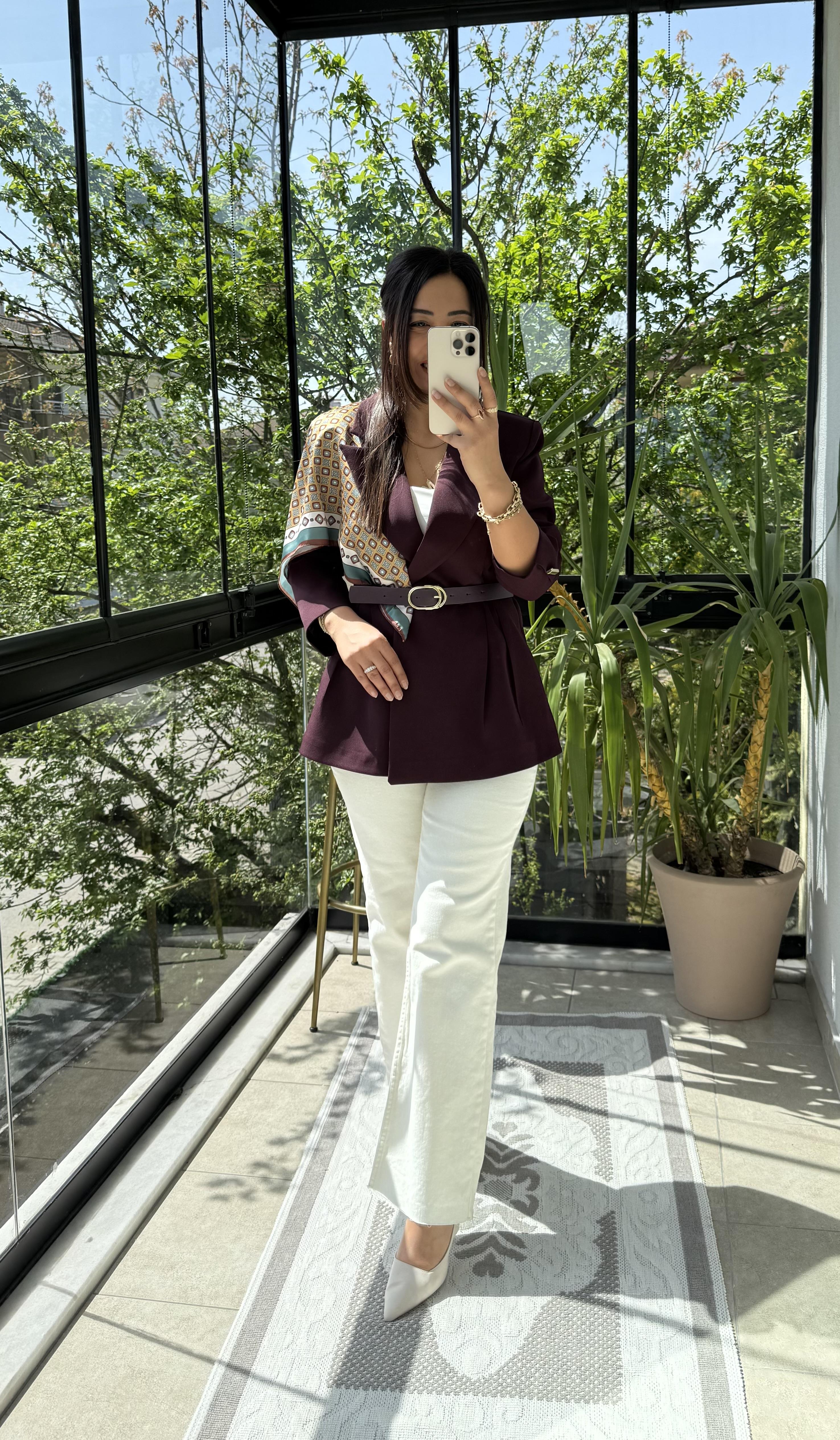 Çift Pileli Şallı Ceket Mürdüm