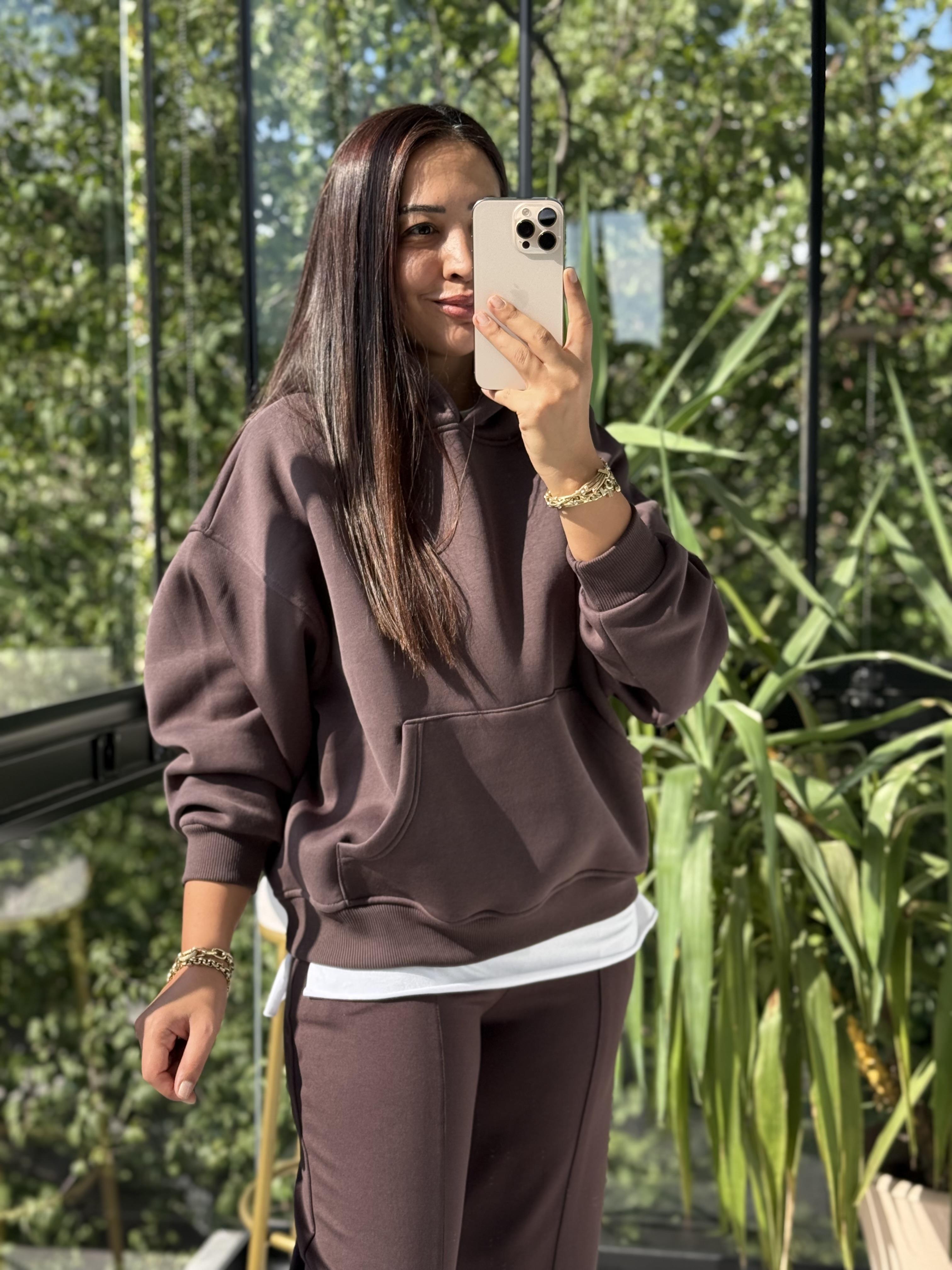 Kanguru Cep Kapşonlu Sweatshirt Kahve