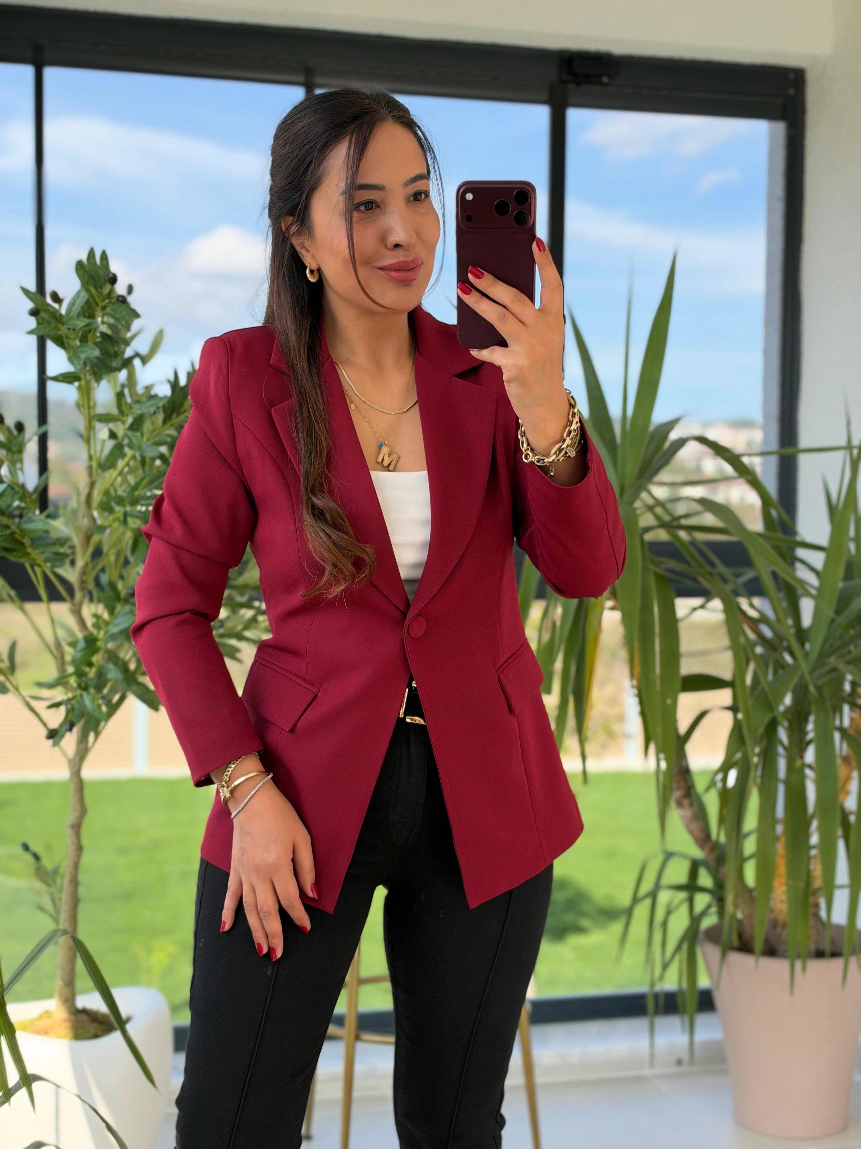 Tek Düğme Blazer Ceket Bordo