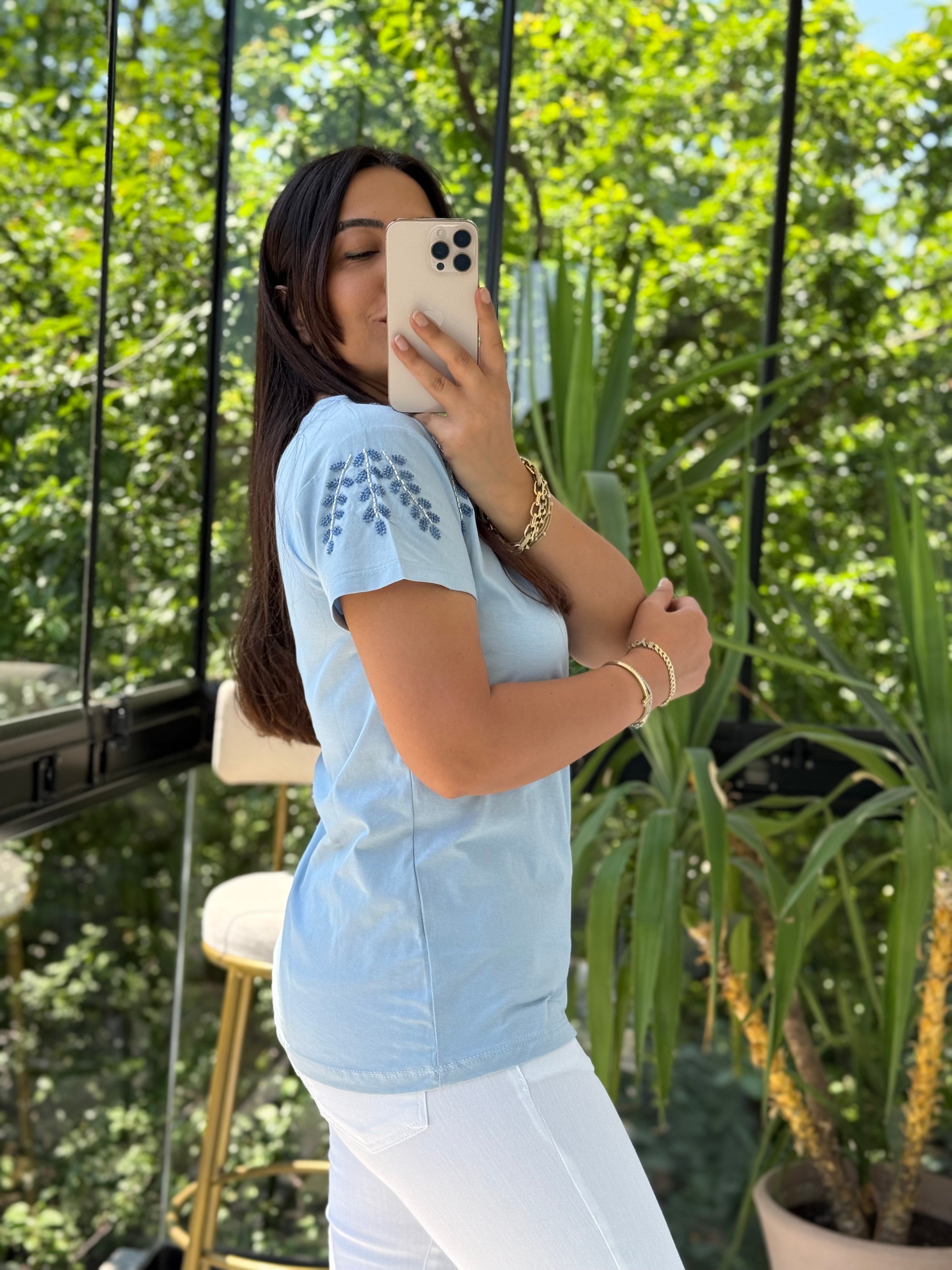 Flora Boncuk Detaylı Tişört Bebe Mavi