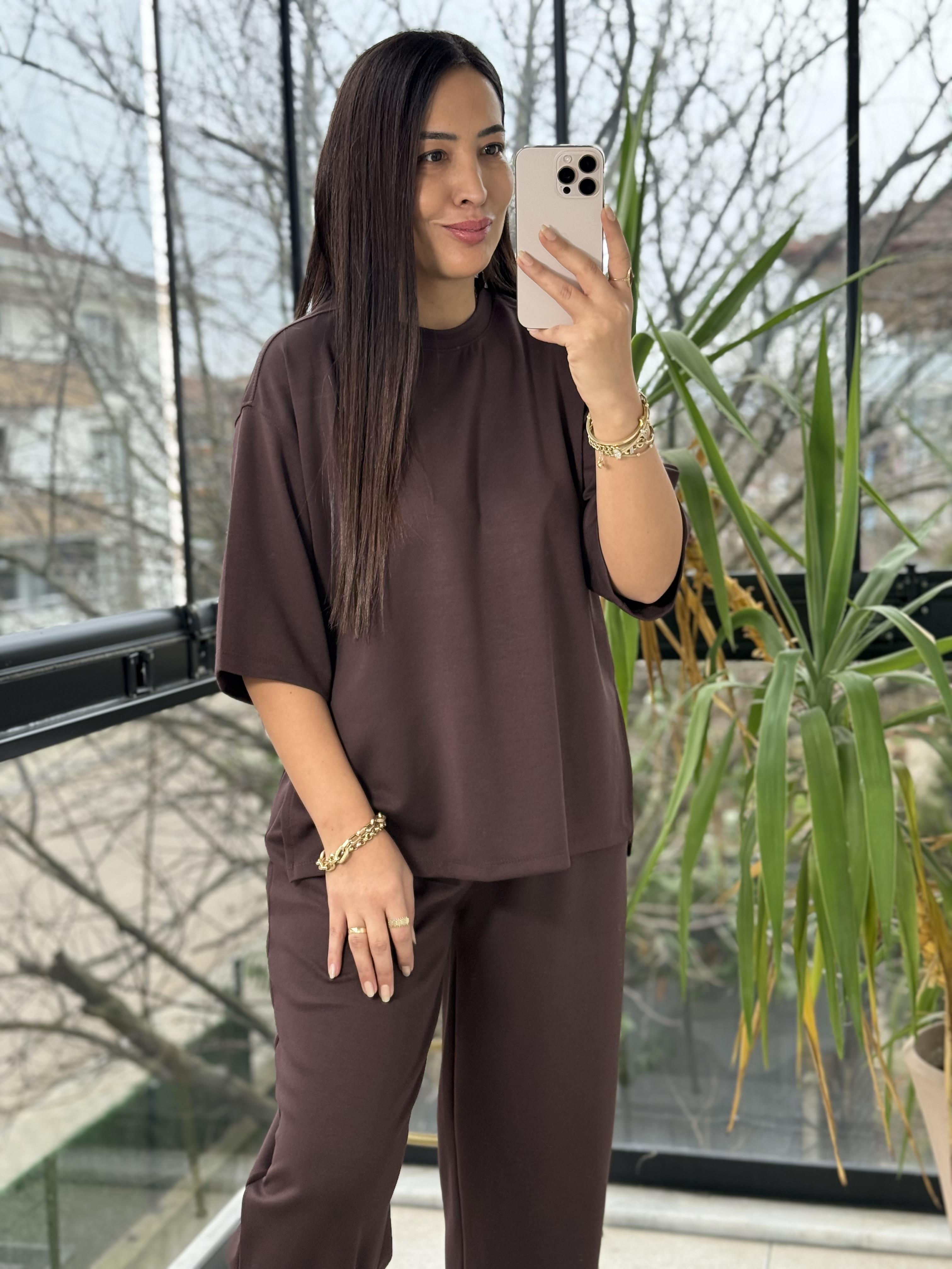 Modal Tişörtlü Basic Takım Kahve