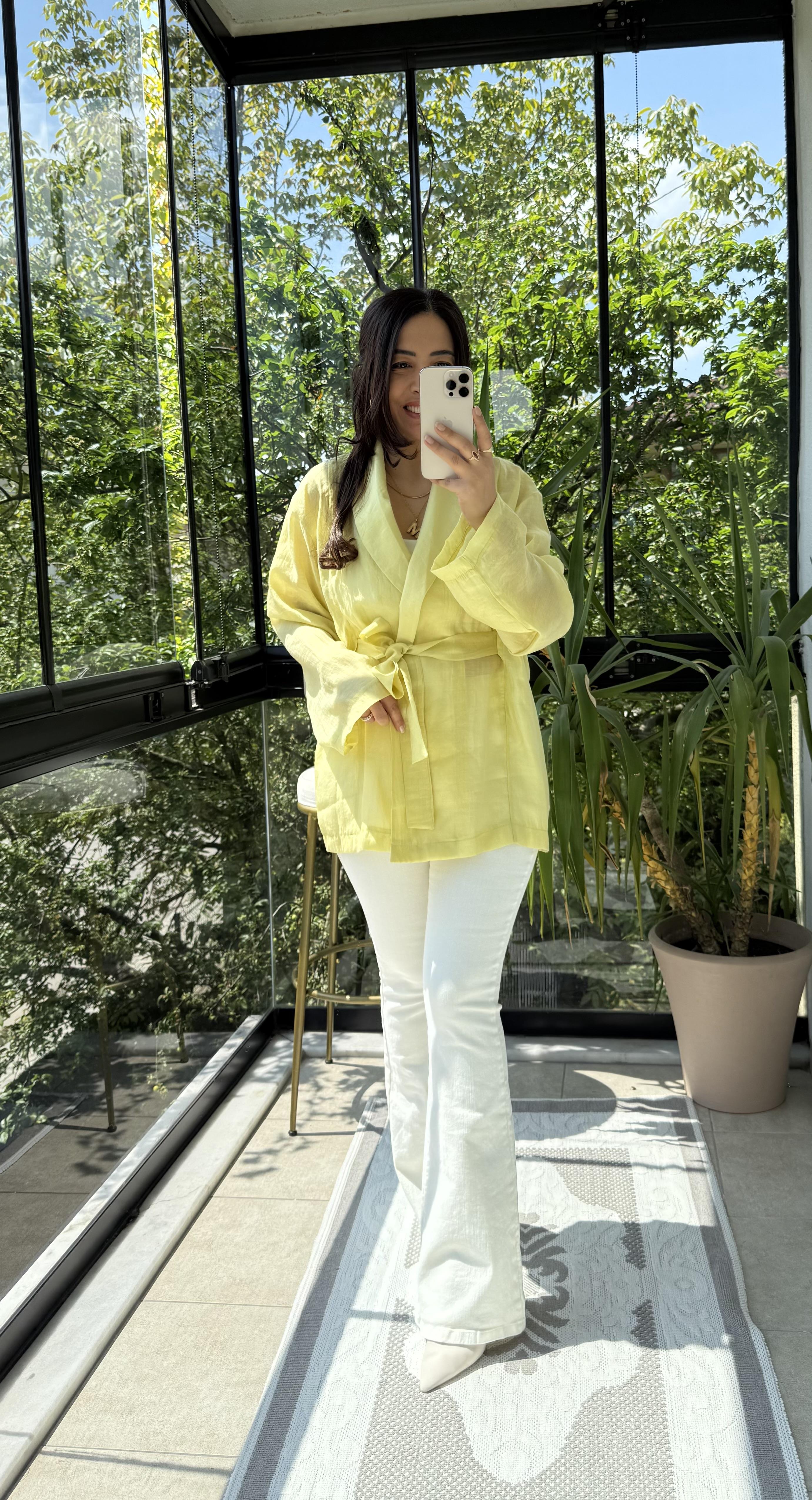 Kruvaze Yaka Bağlamalı Kimono Sarı