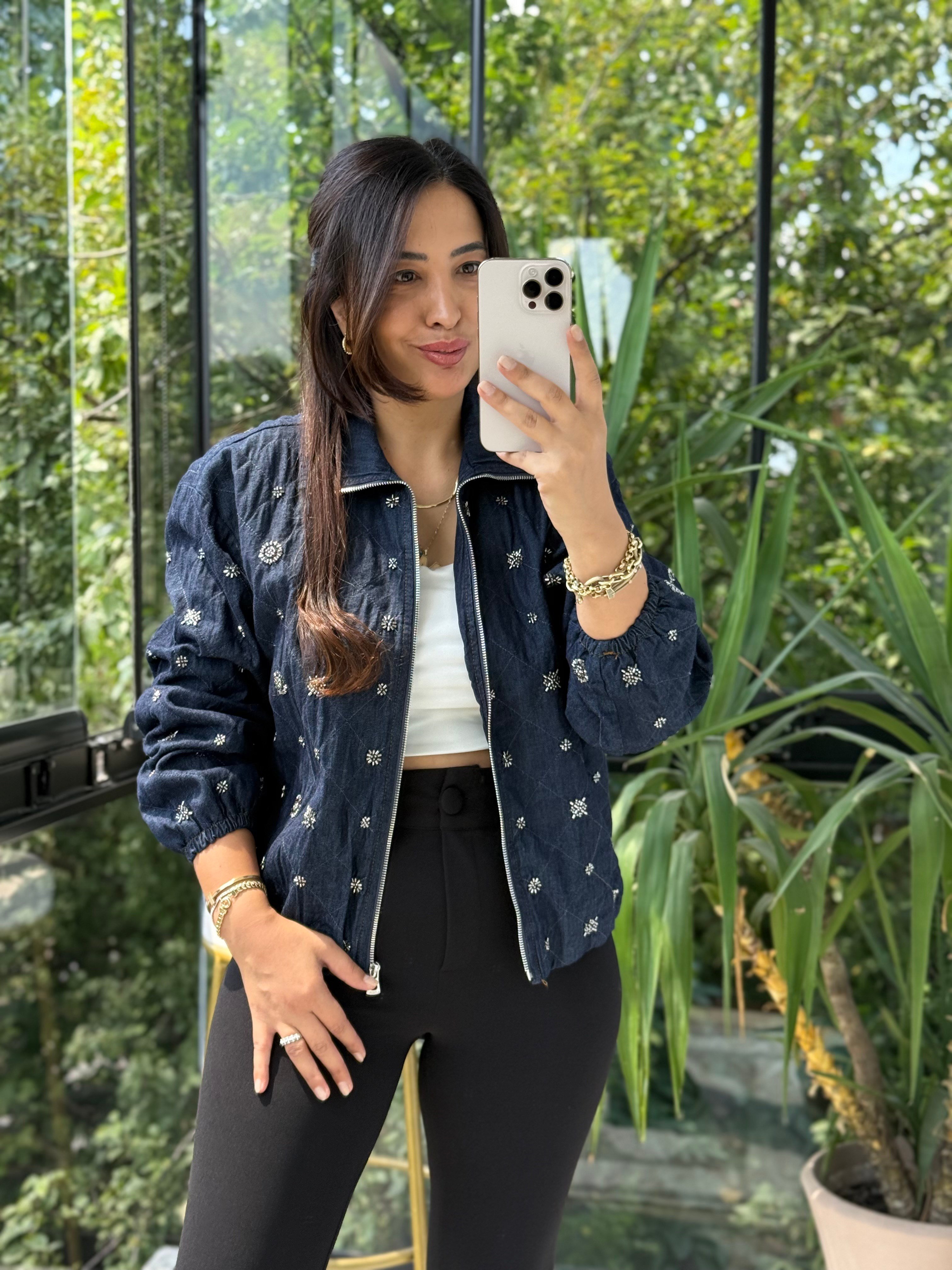 İşlemeli Kısa Ceket Lacivert