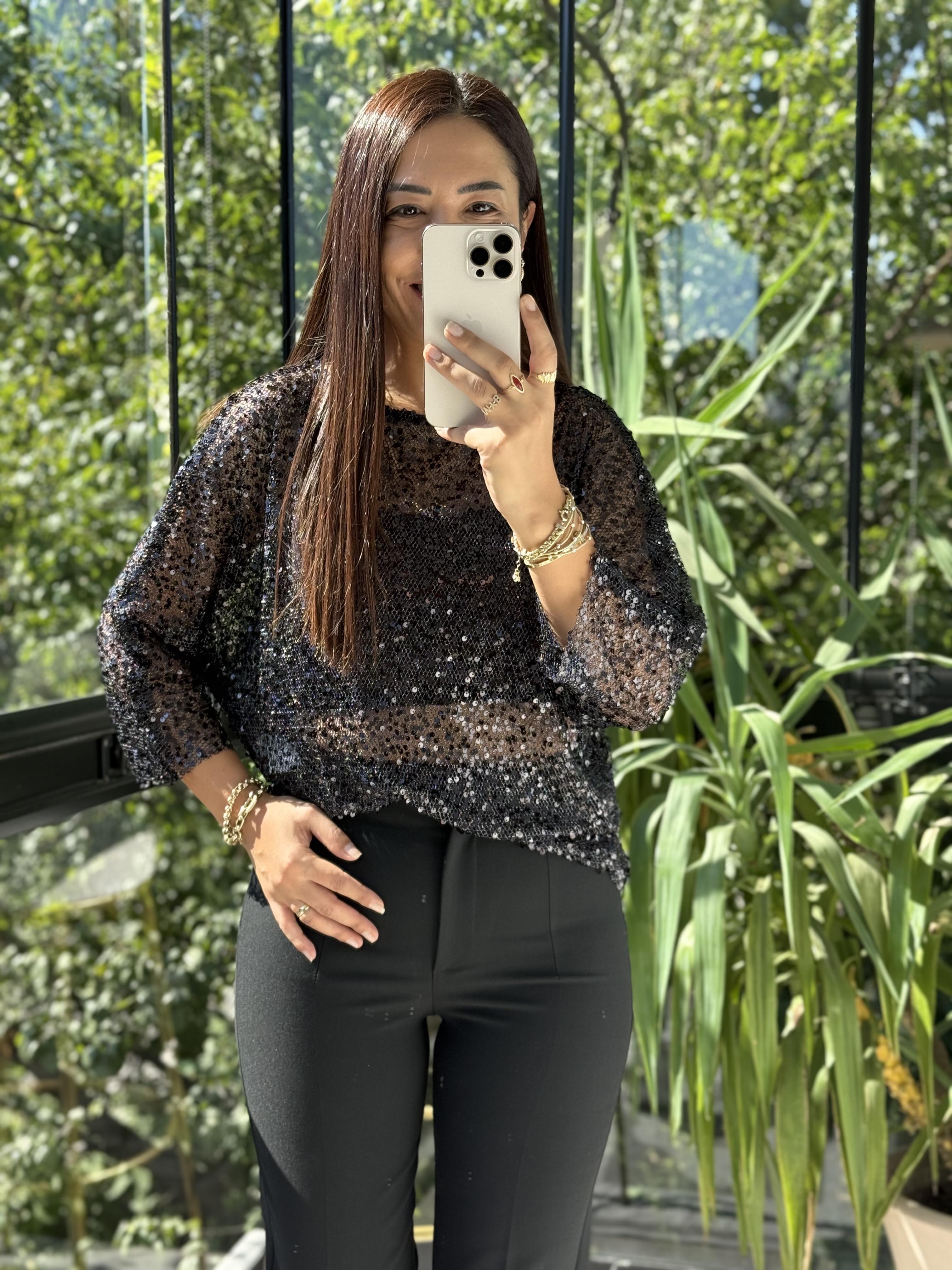 Payetli Transparan Bluz Siyah