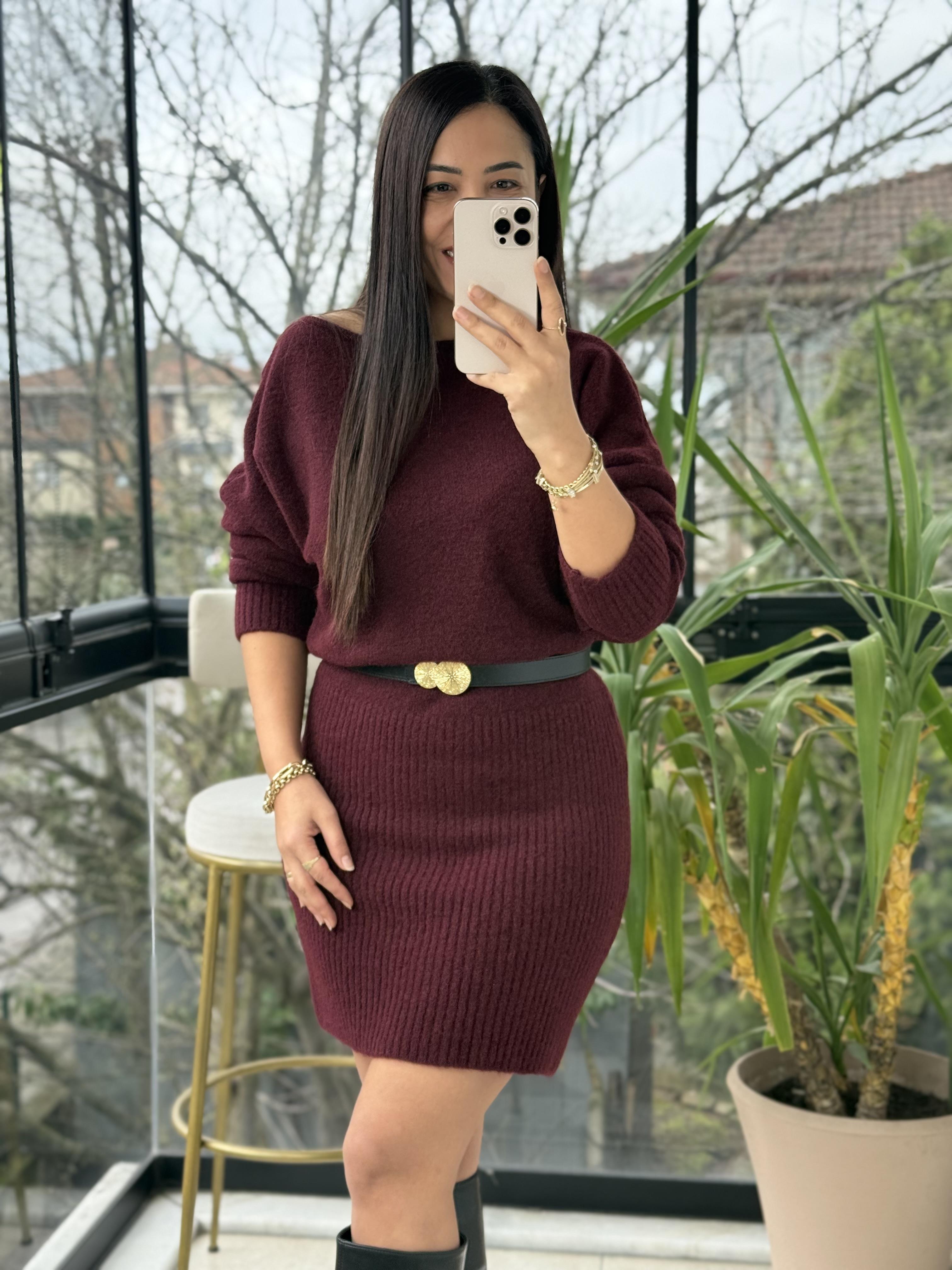 Kısa Kazak Elbise Bordo