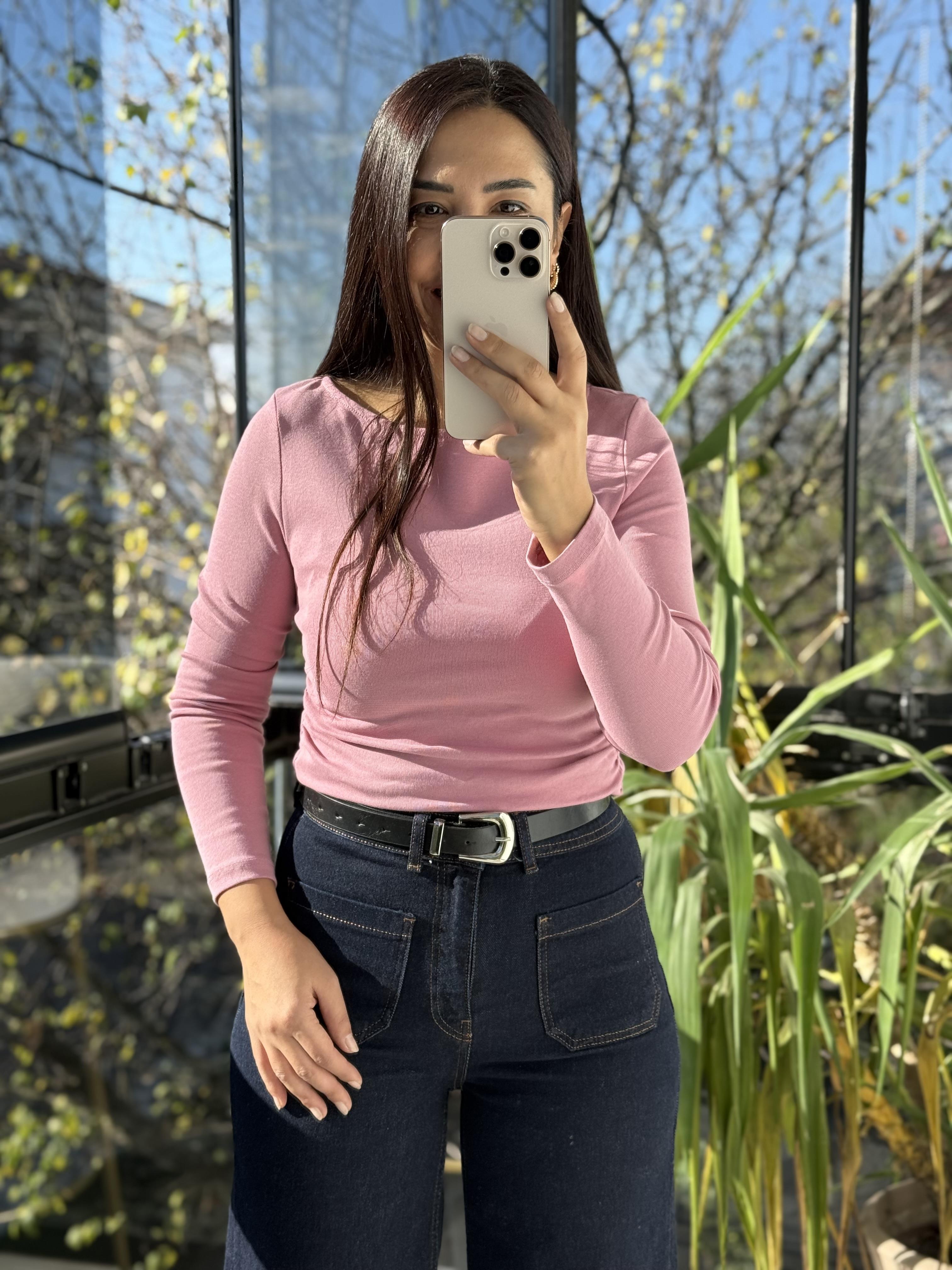 Büzgülü Kayık Yaka Top Bluz Gül