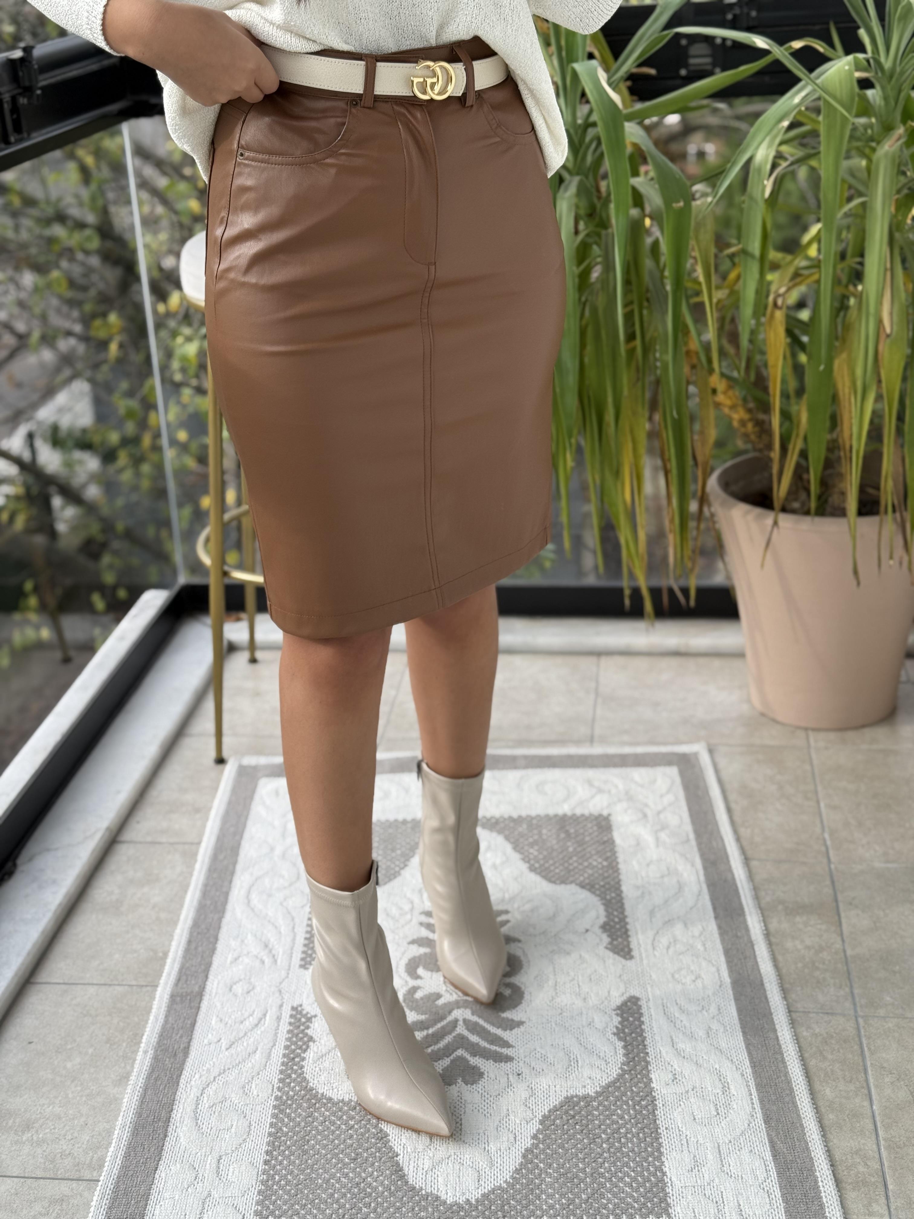 Orta Boy Deri Etek Kahve