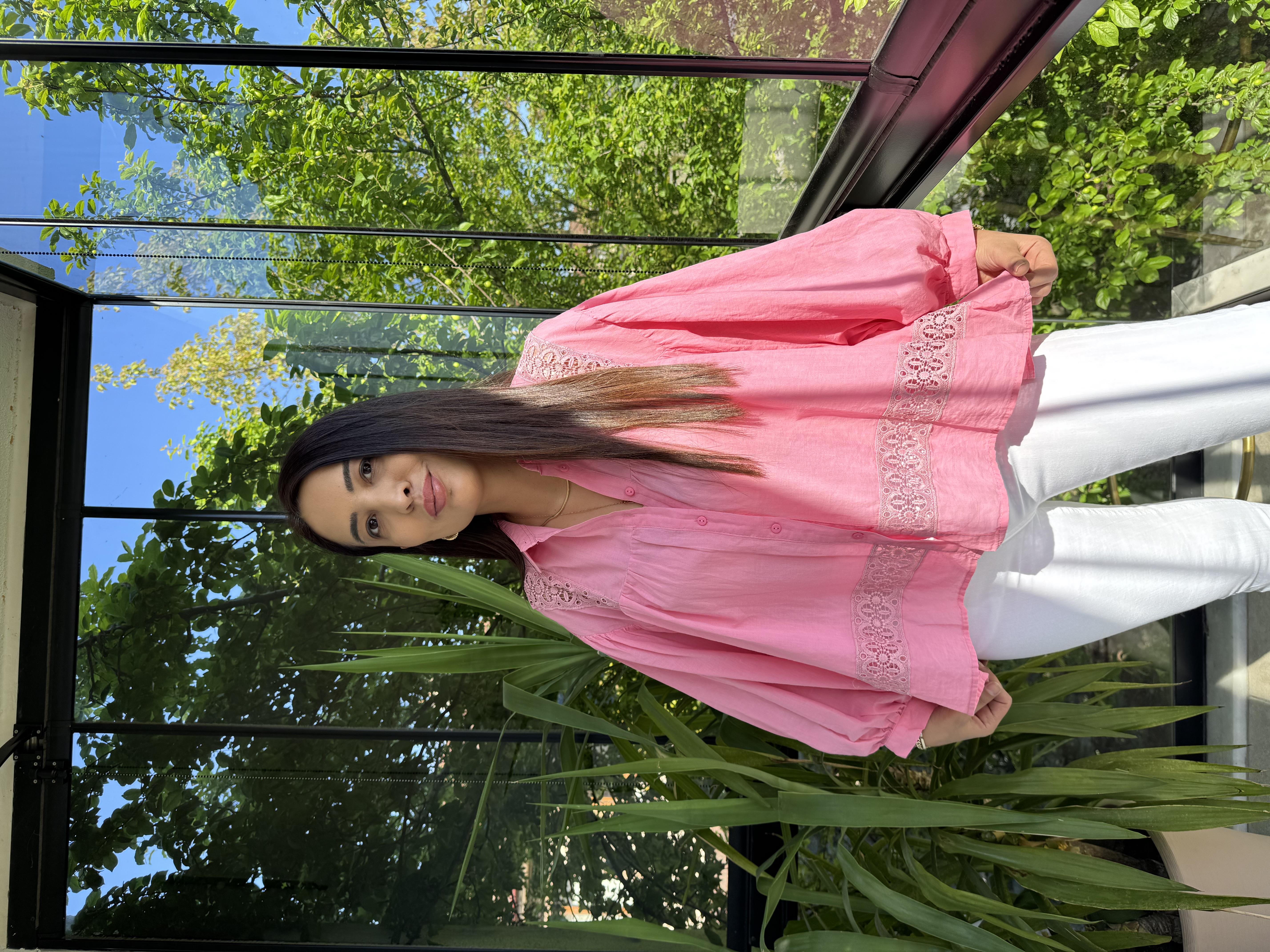 Dantel Detaylı Oversize Gömlek Bluz Pembe