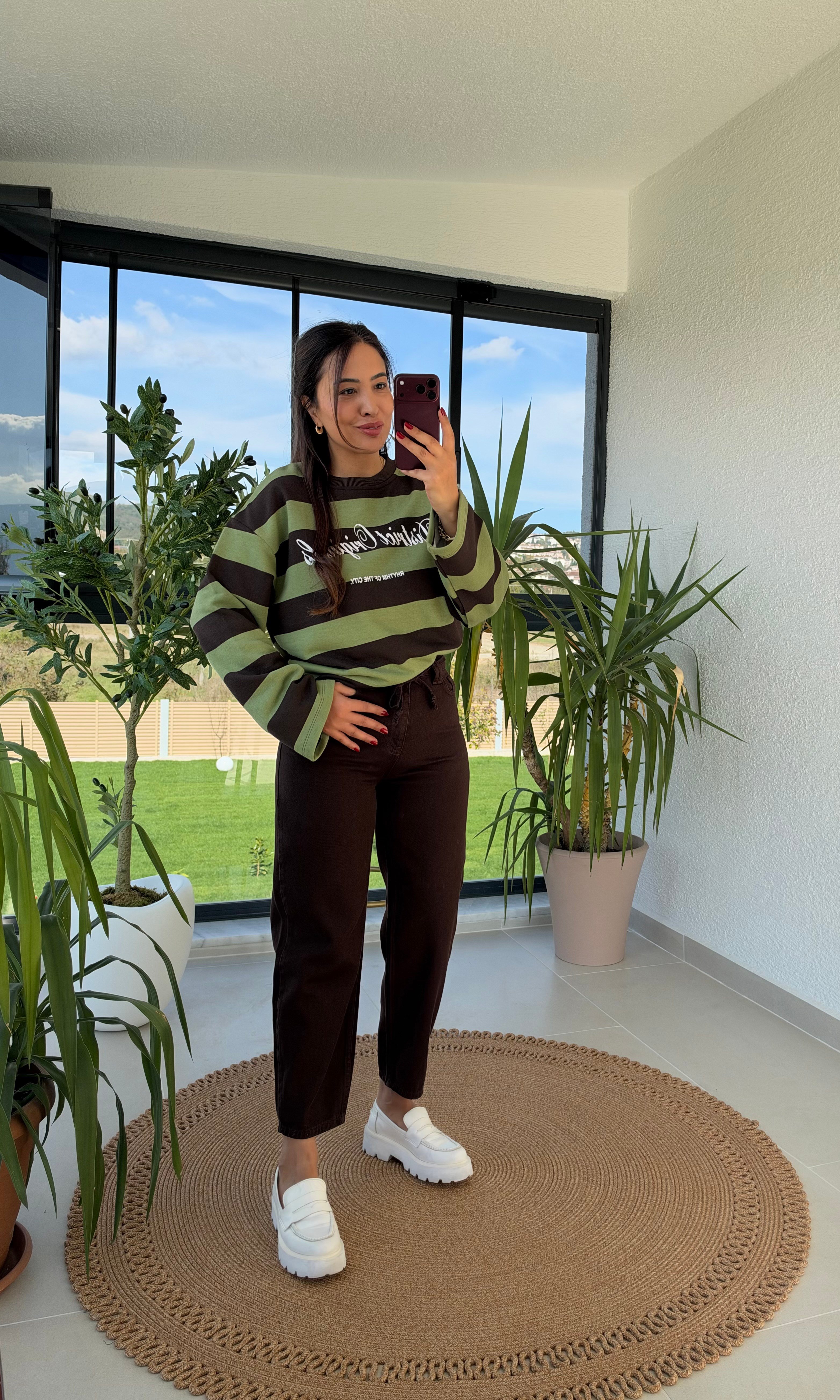 District Yazılı Çizgili Sweatshirtt Yeşil