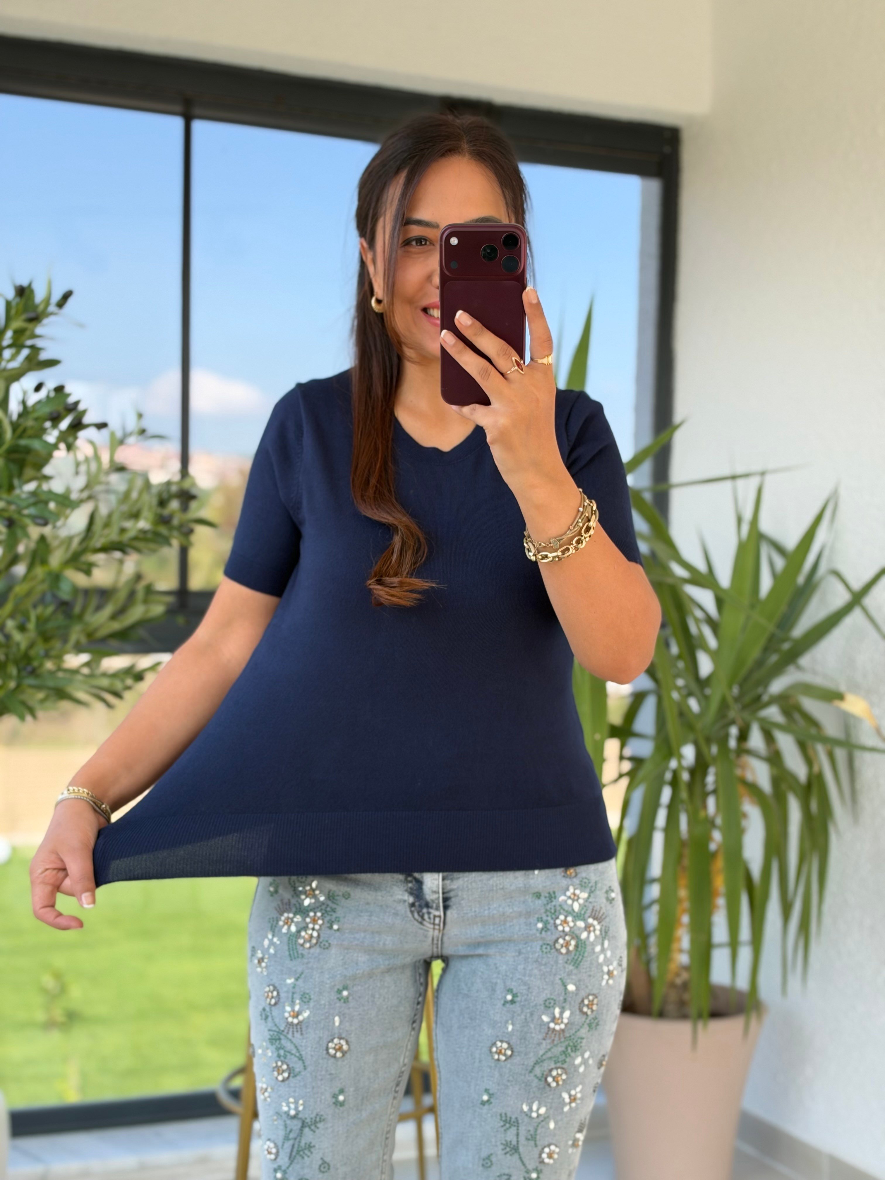 Bisiklet Yaka Kısa Kol Basic Triko Bluz Lacivert
