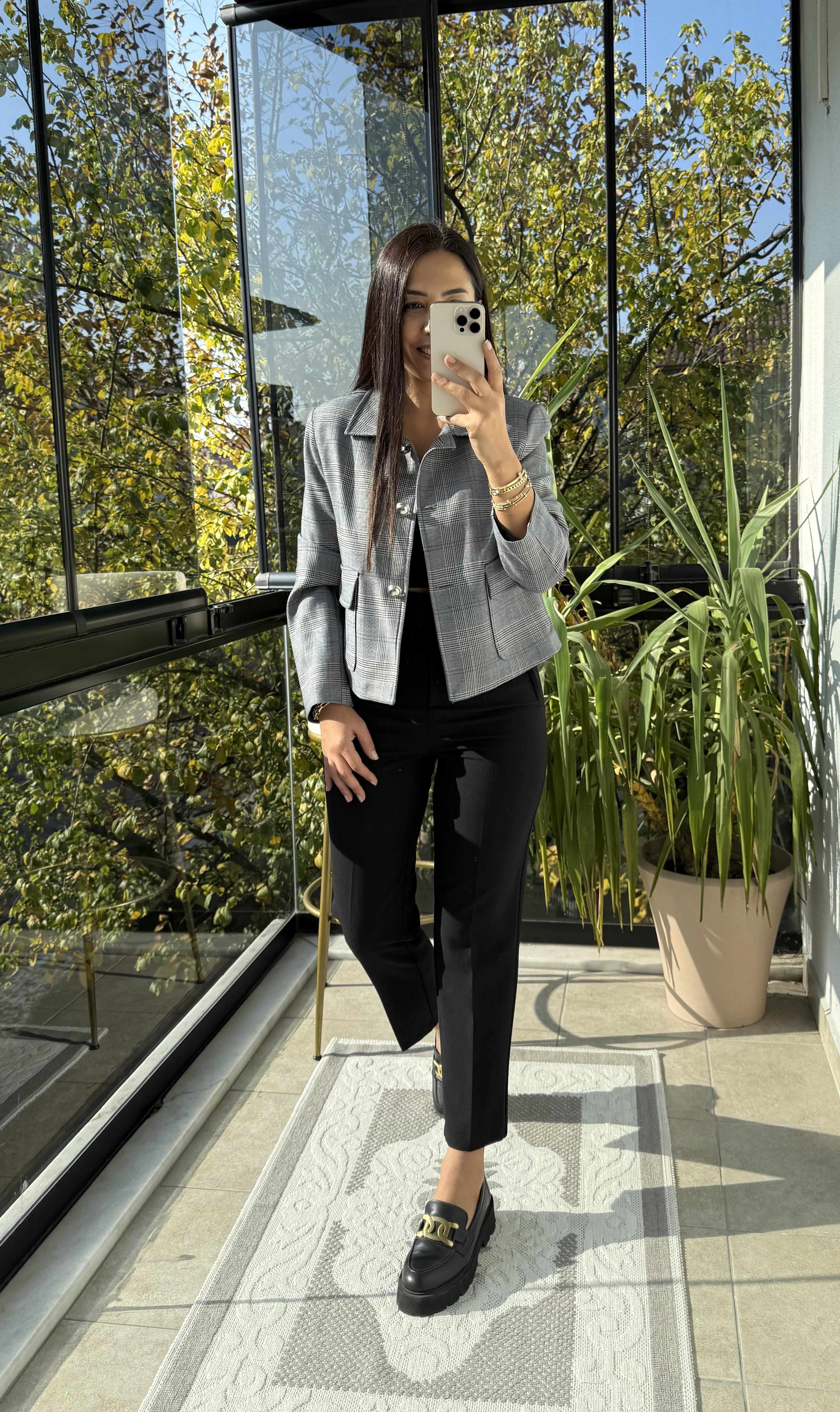 Ekose Top Düğme Crop Ceket Lacivert