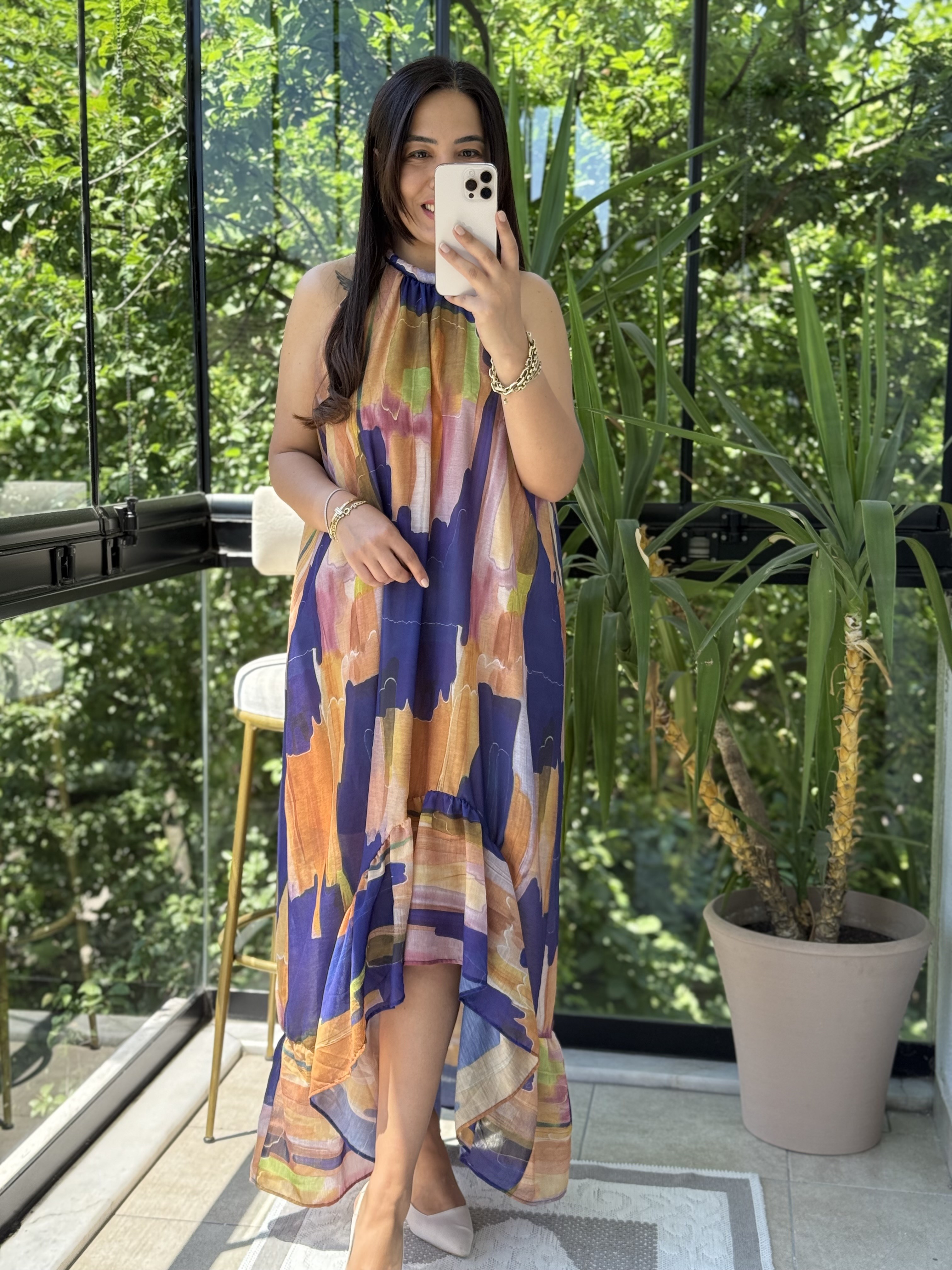 Halter Yaka Elbise Renkli