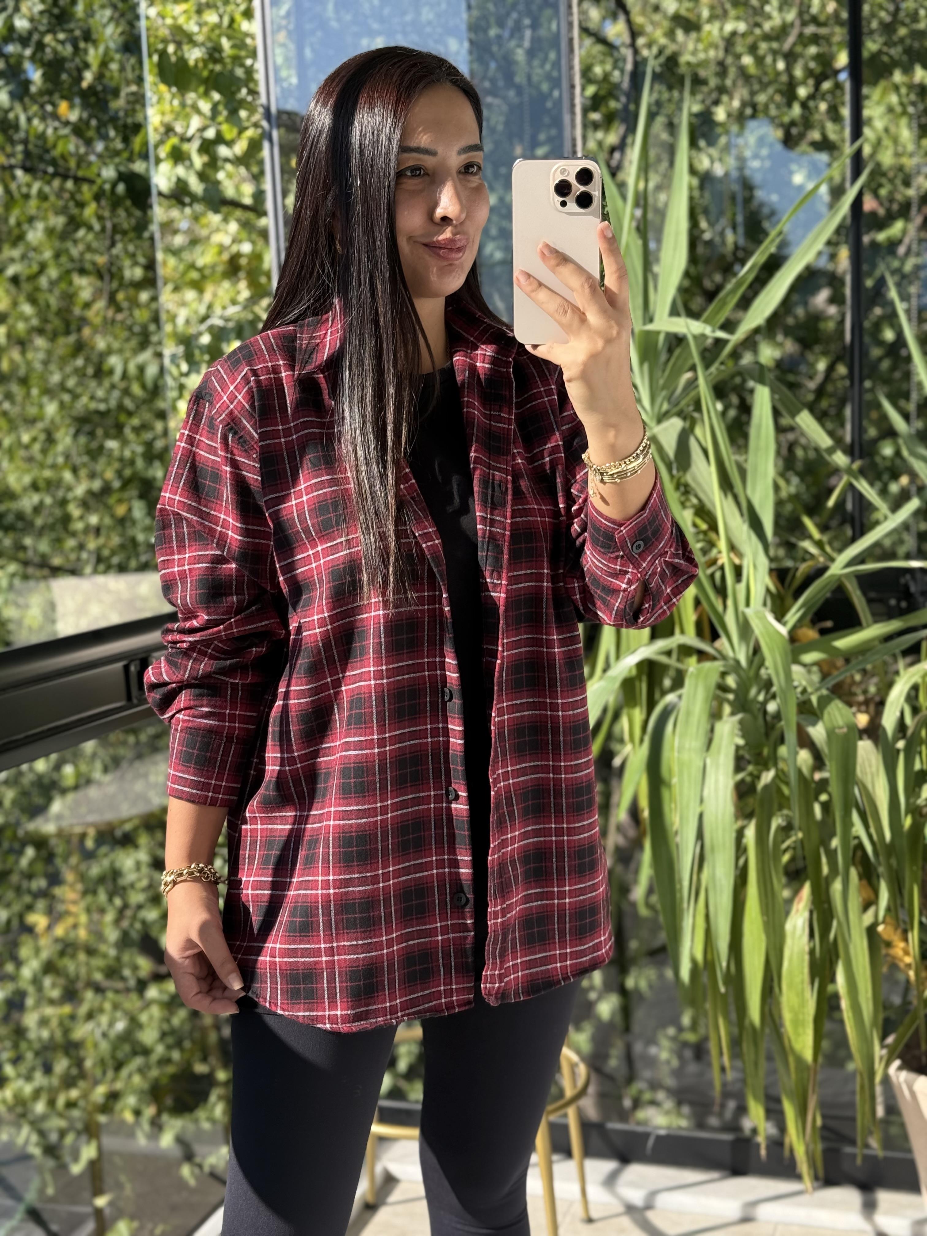 Ekoseli Oversize Gömlek Bordo