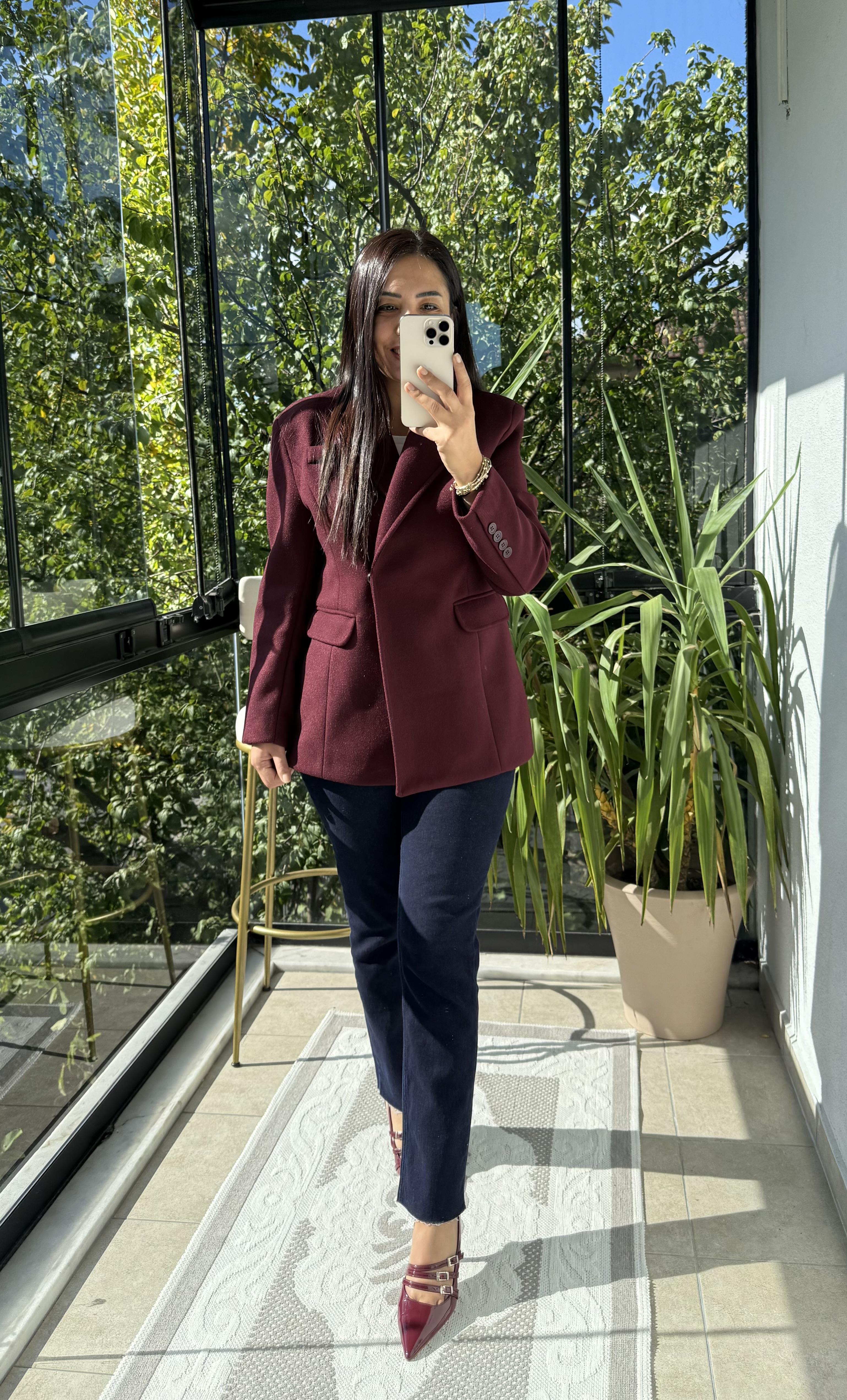 Kaşe Slim Blazer Ceket Bordo