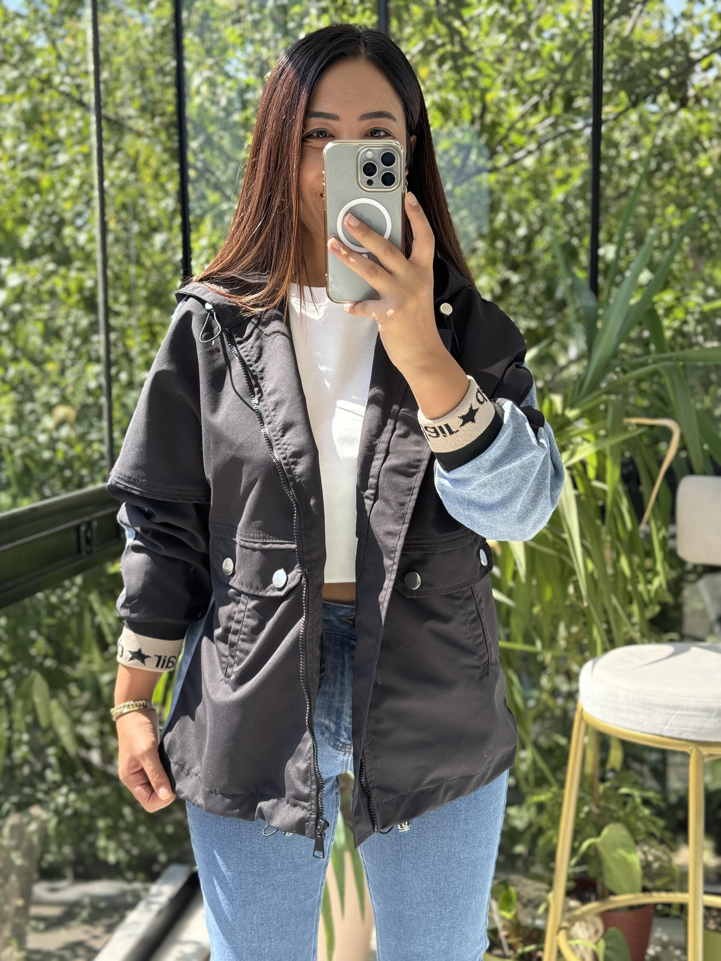 Denim Parka Mix Yağmurluk Siyah