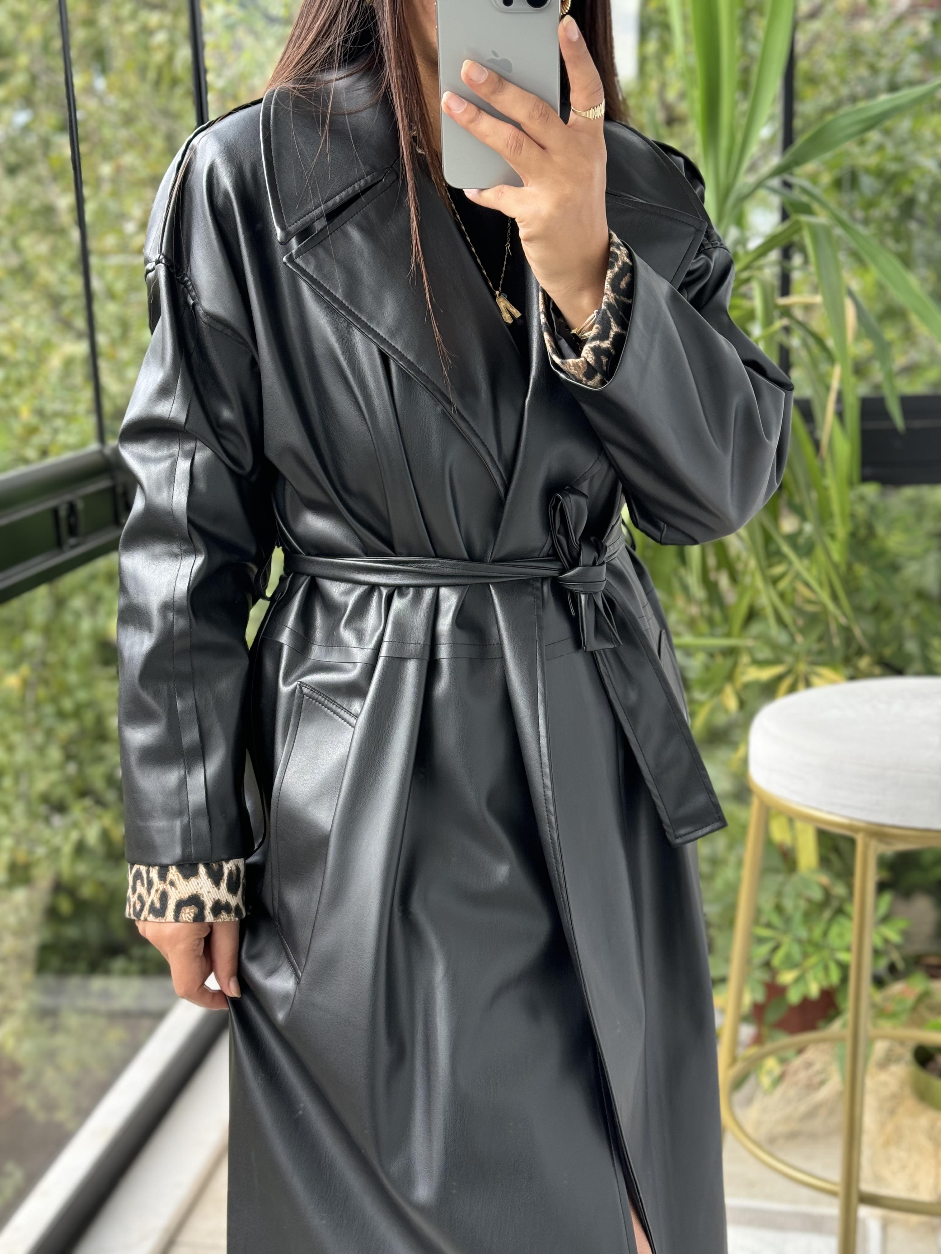 Deri Uzun Trenç Siyah