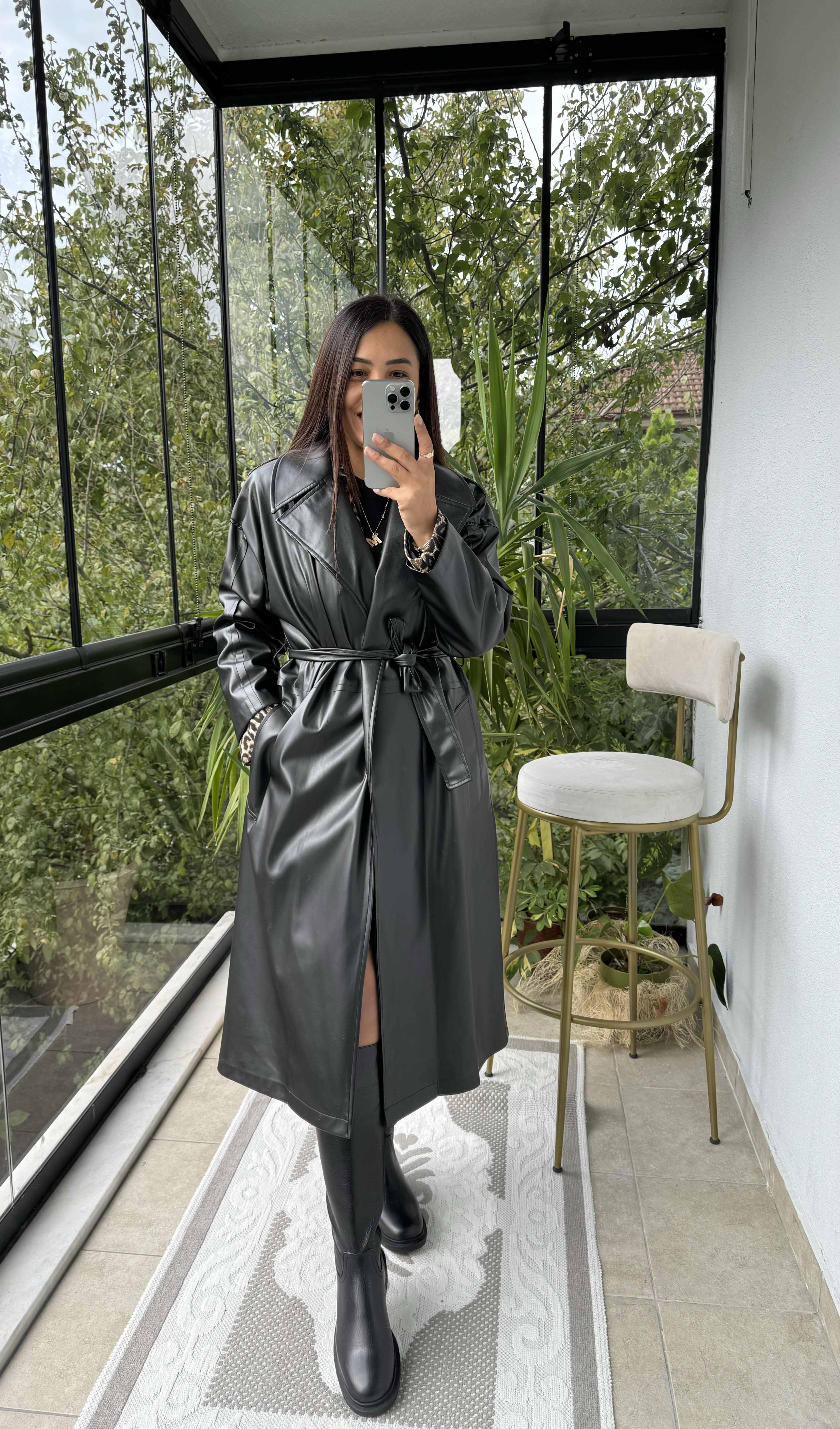 Deri Uzun Trenç Siyah