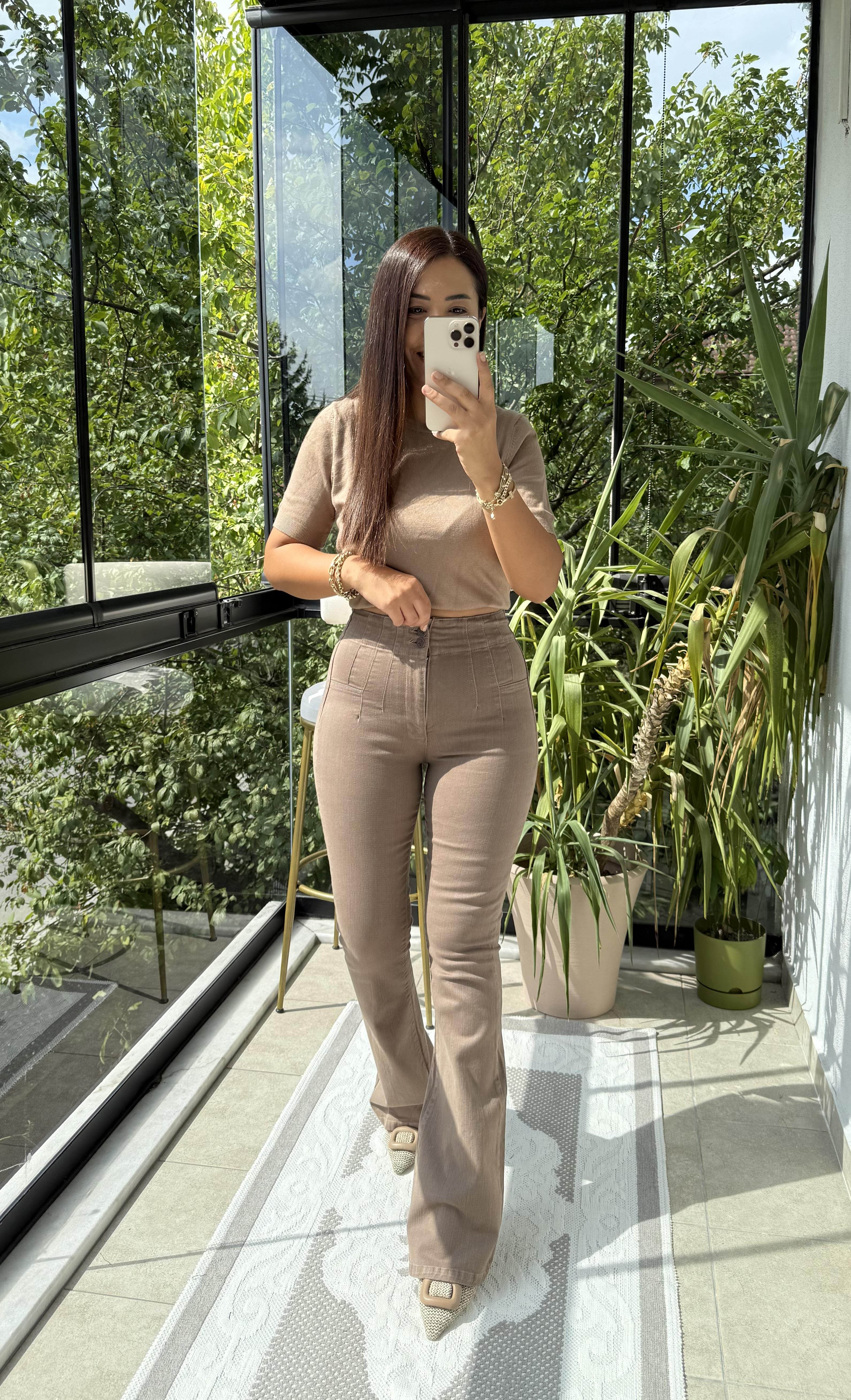 Dikişli Paça Pensli İspanyol Jean Vizon (Toprak) 