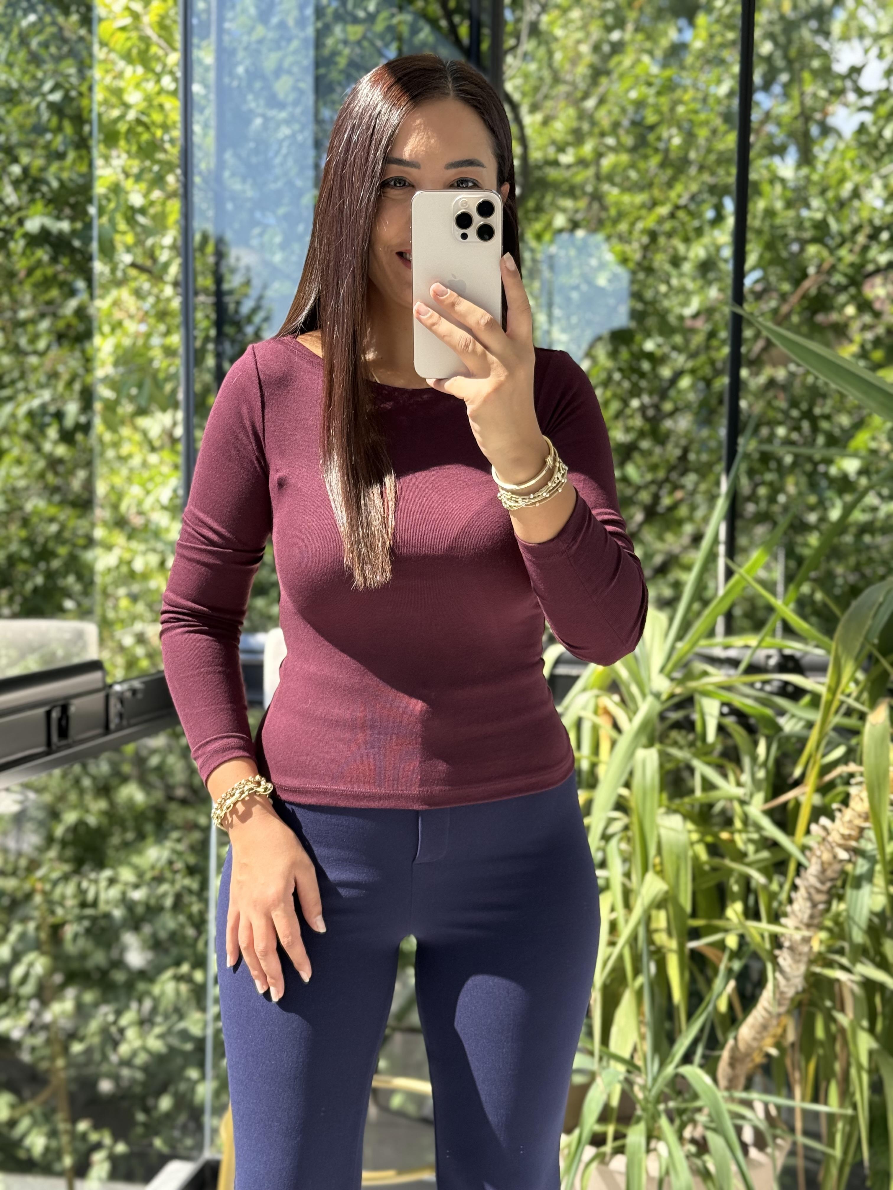 Dilvin Kayık Yaka Uzun Kollu Top Bluz Bordo