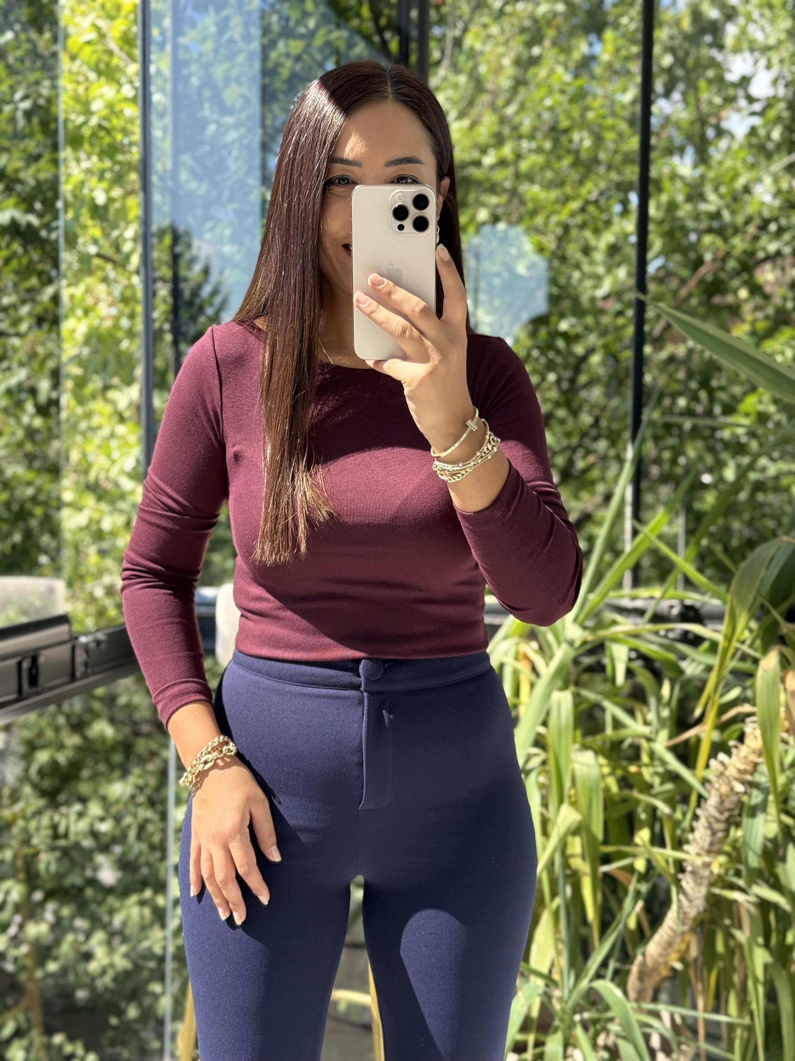 Dilvin Kayık Yaka Uzun Kollu Top Bluz Bordo