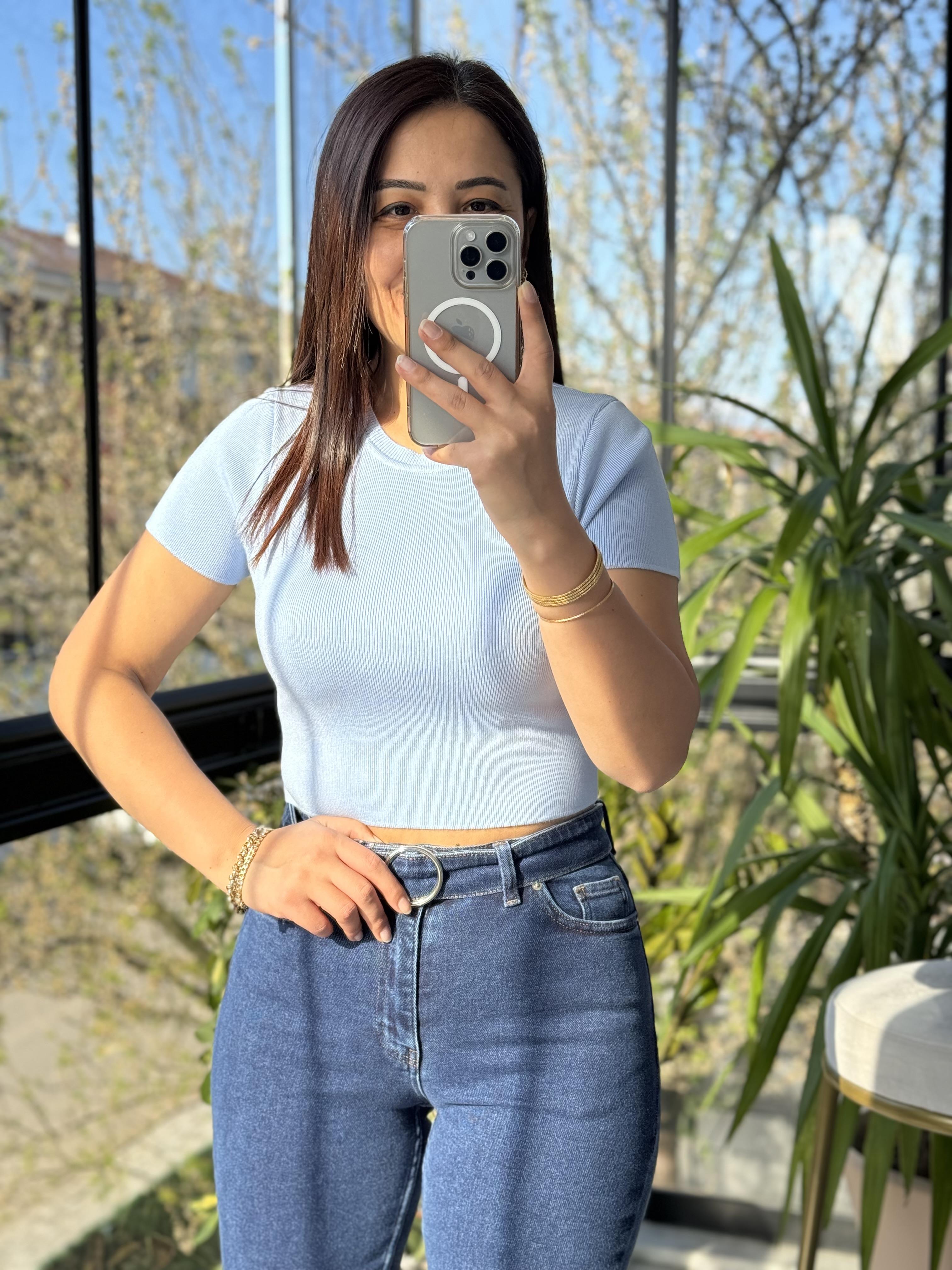 Dilvin Kısa Kol Crop Triko Bebe Mavi