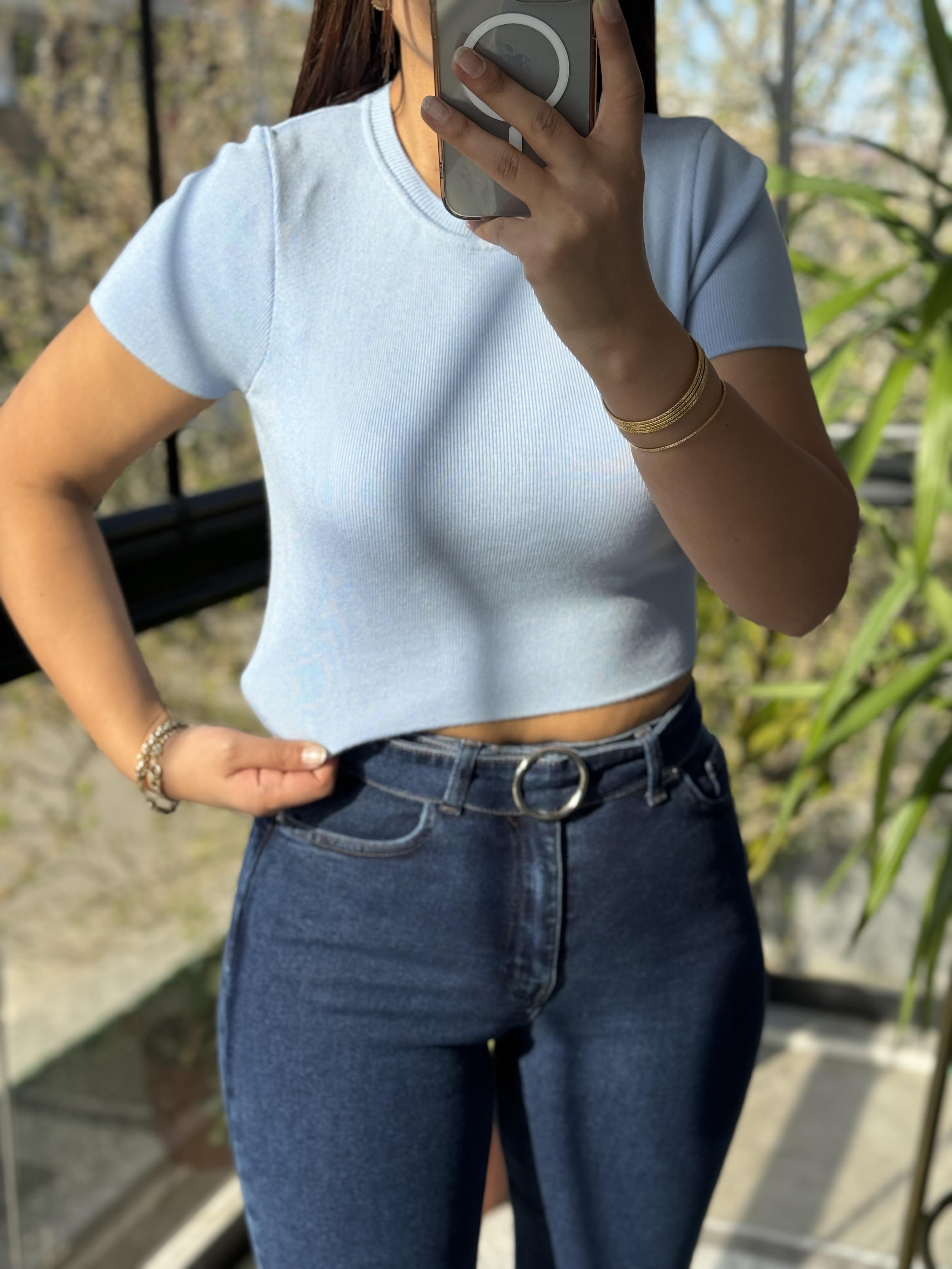 Dilvin Kısa Kol Crop Triko Bebe Mavi