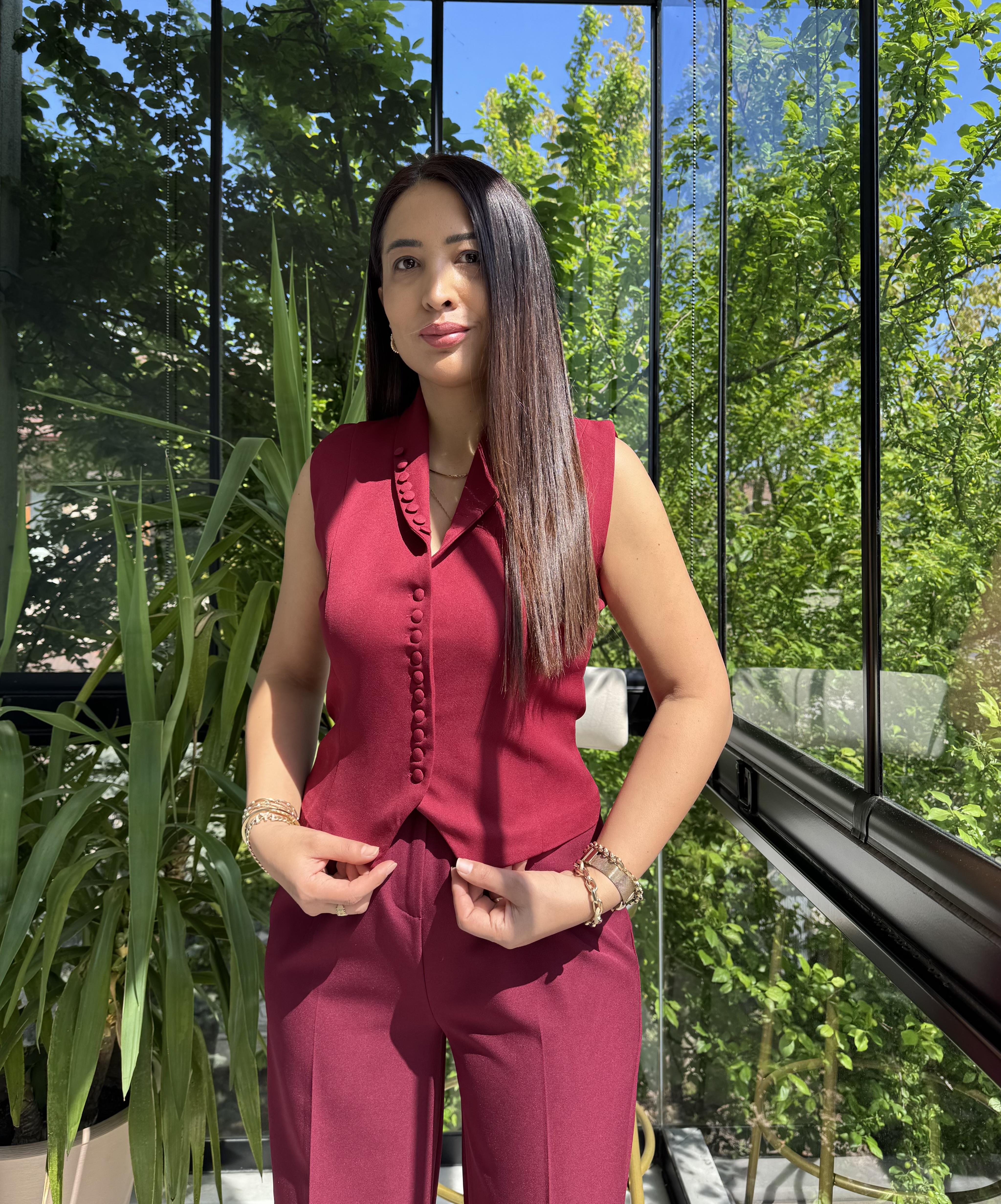 Düğmeli Slimfit Yelek Bordo