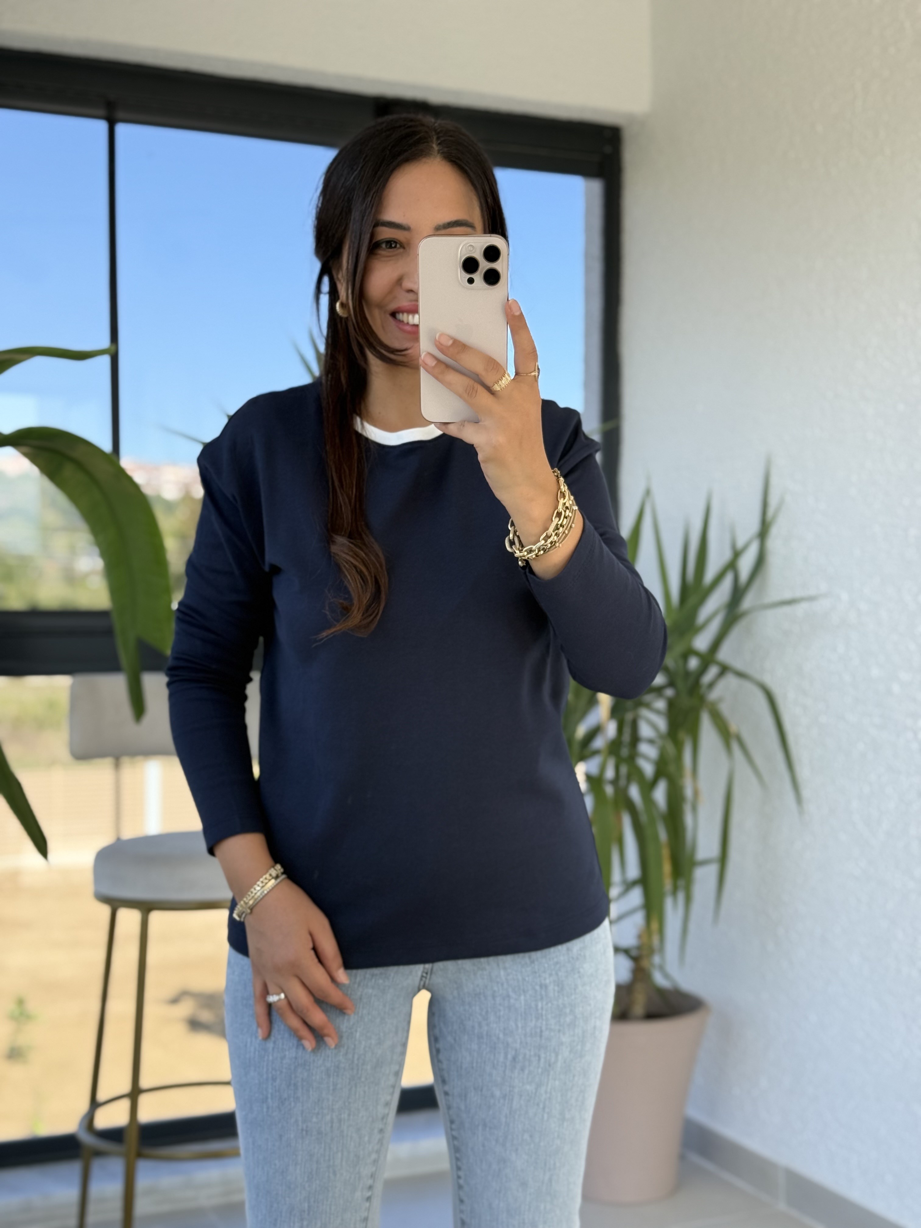Yakası Biyeli Sweat Bluz Lacivert