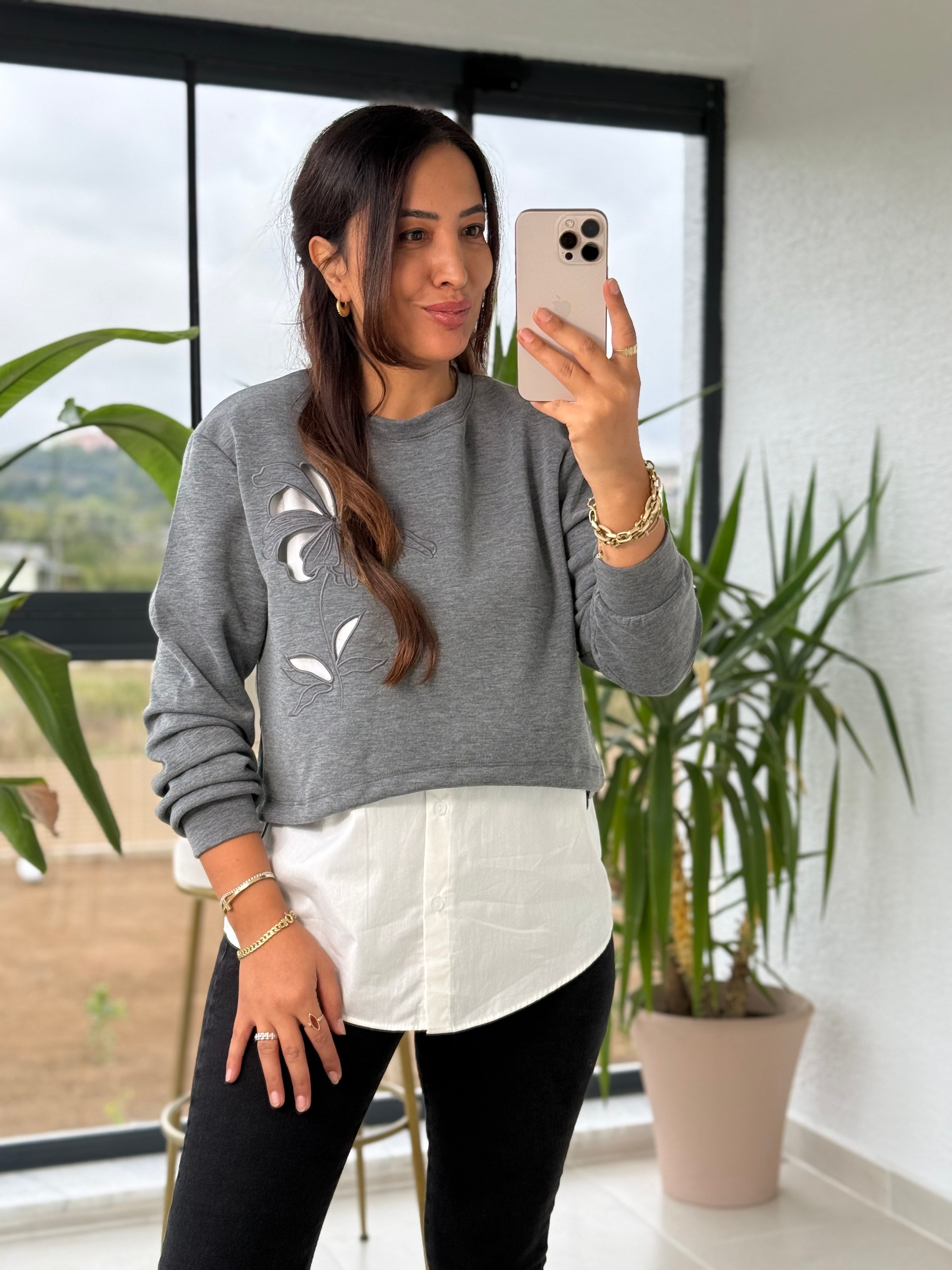 Nakışlı Gömlekli Sweatshirt Gri