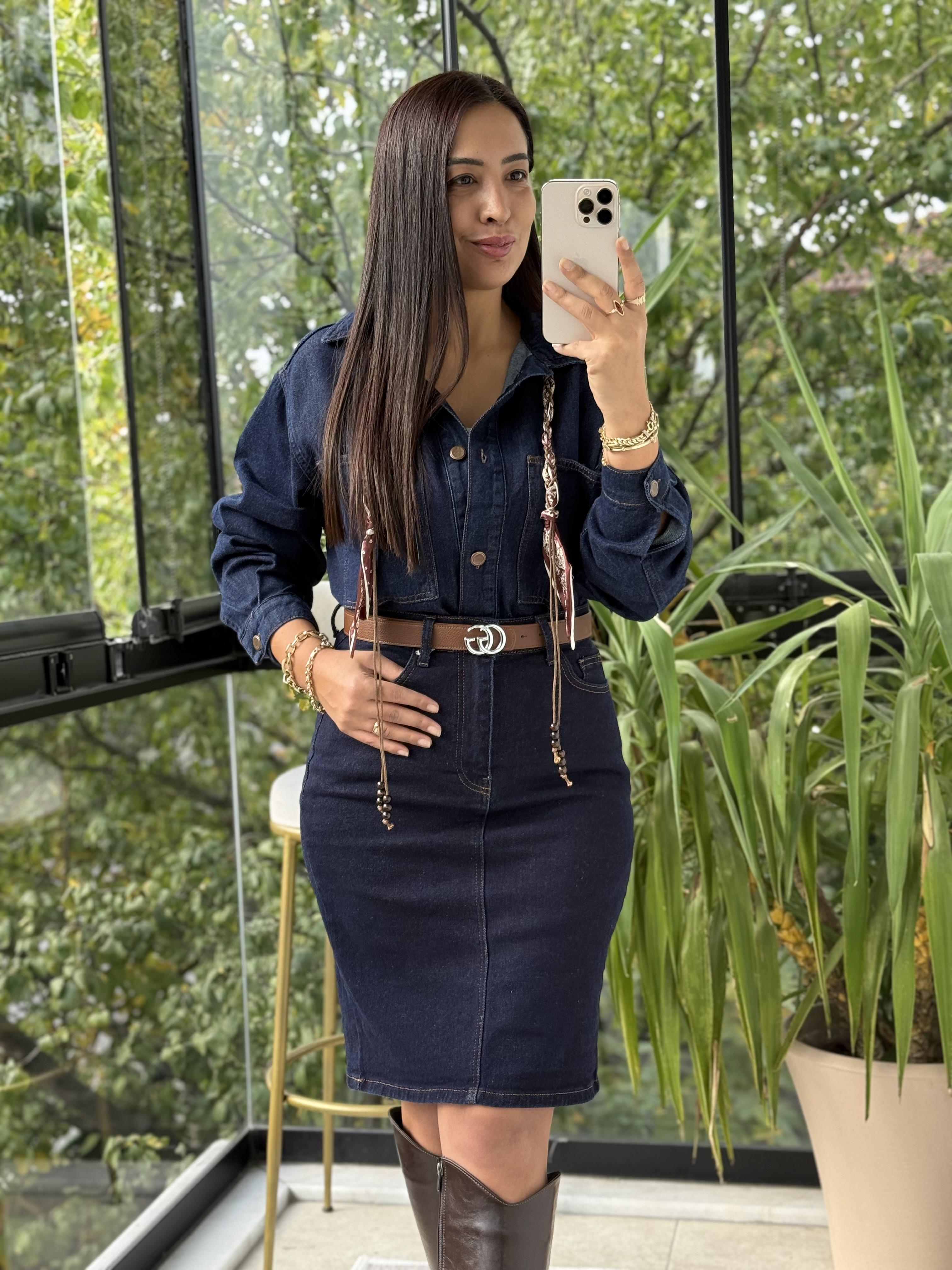 Düğmeli Oversize Gömlek Slaplı Lacivert