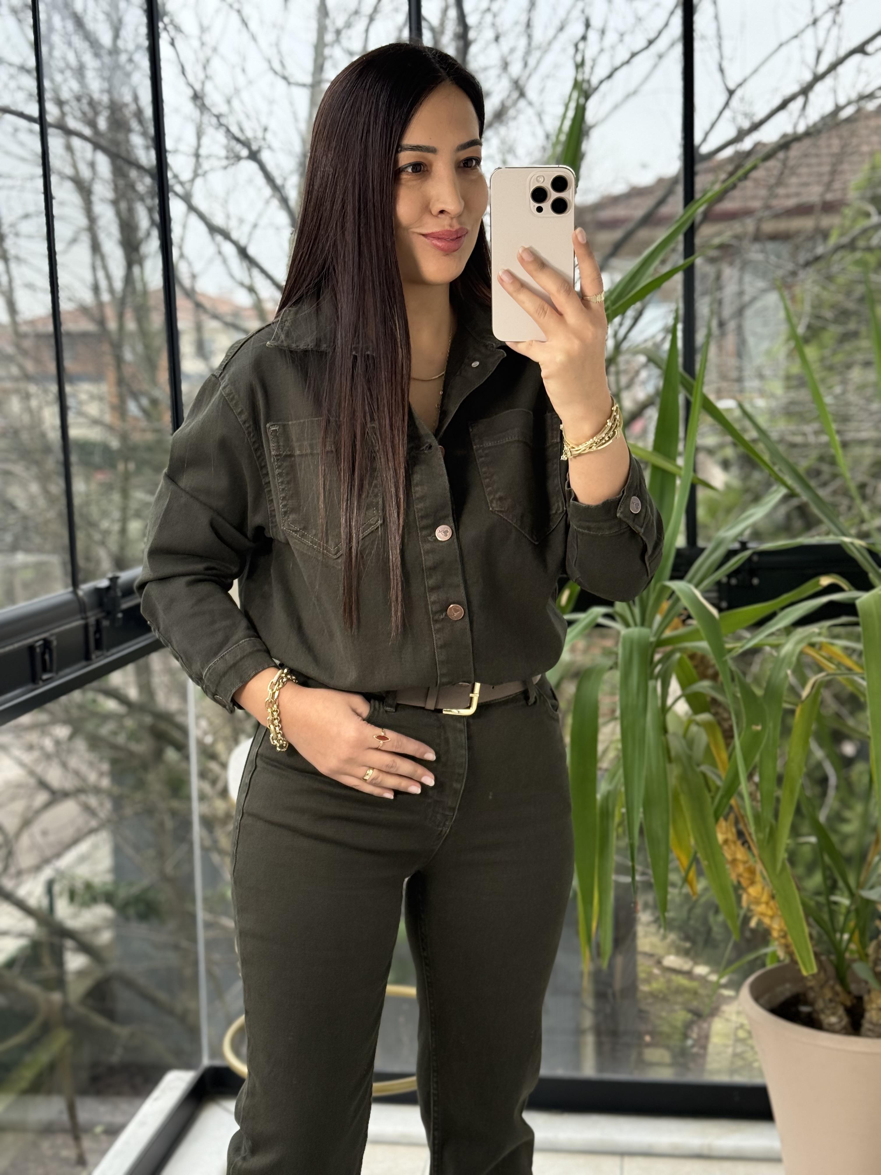 Beli Büzgülü Klasik Kot Tulum Haki Yeşili