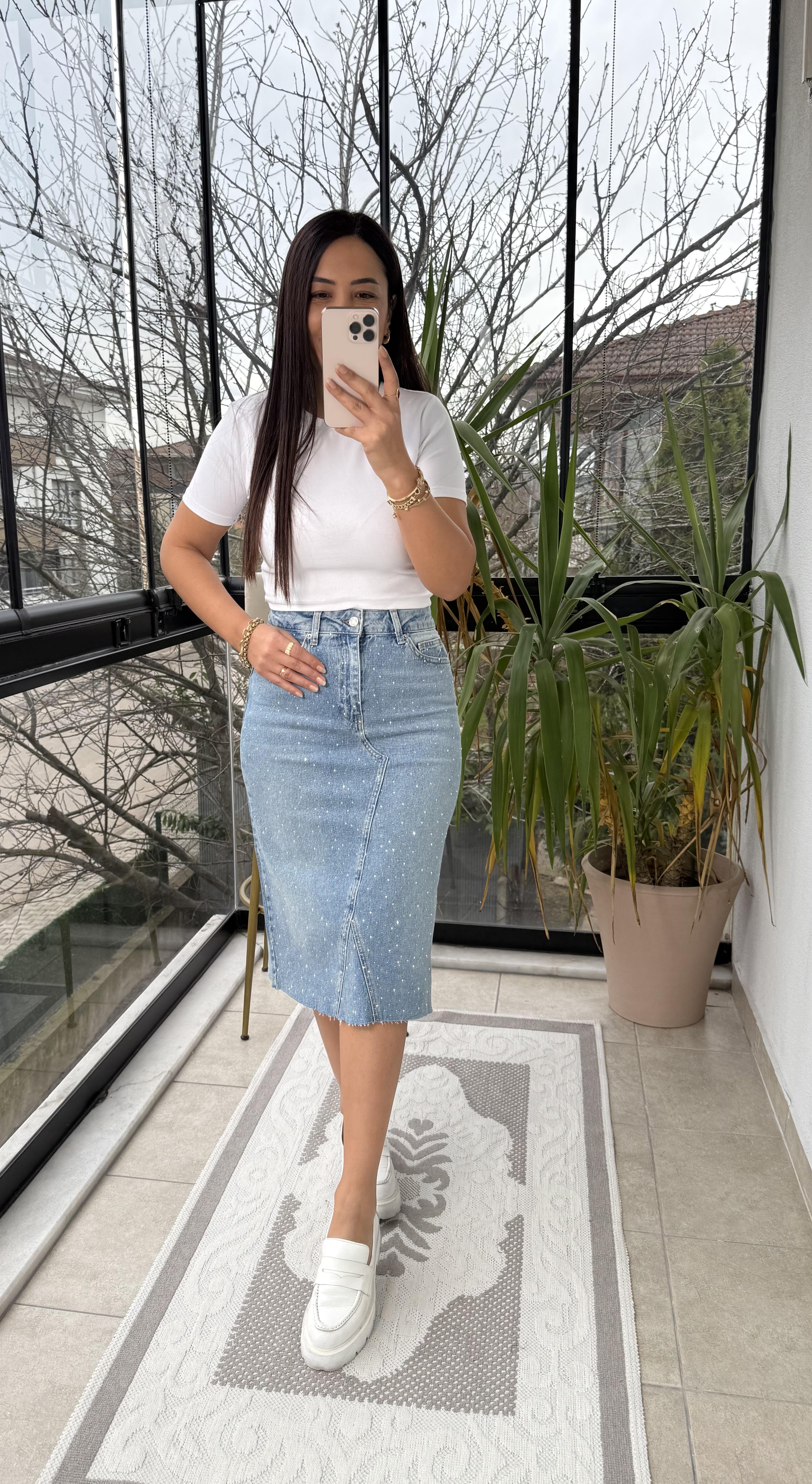 Taşlı Orta Boy Kot Etek Mavi