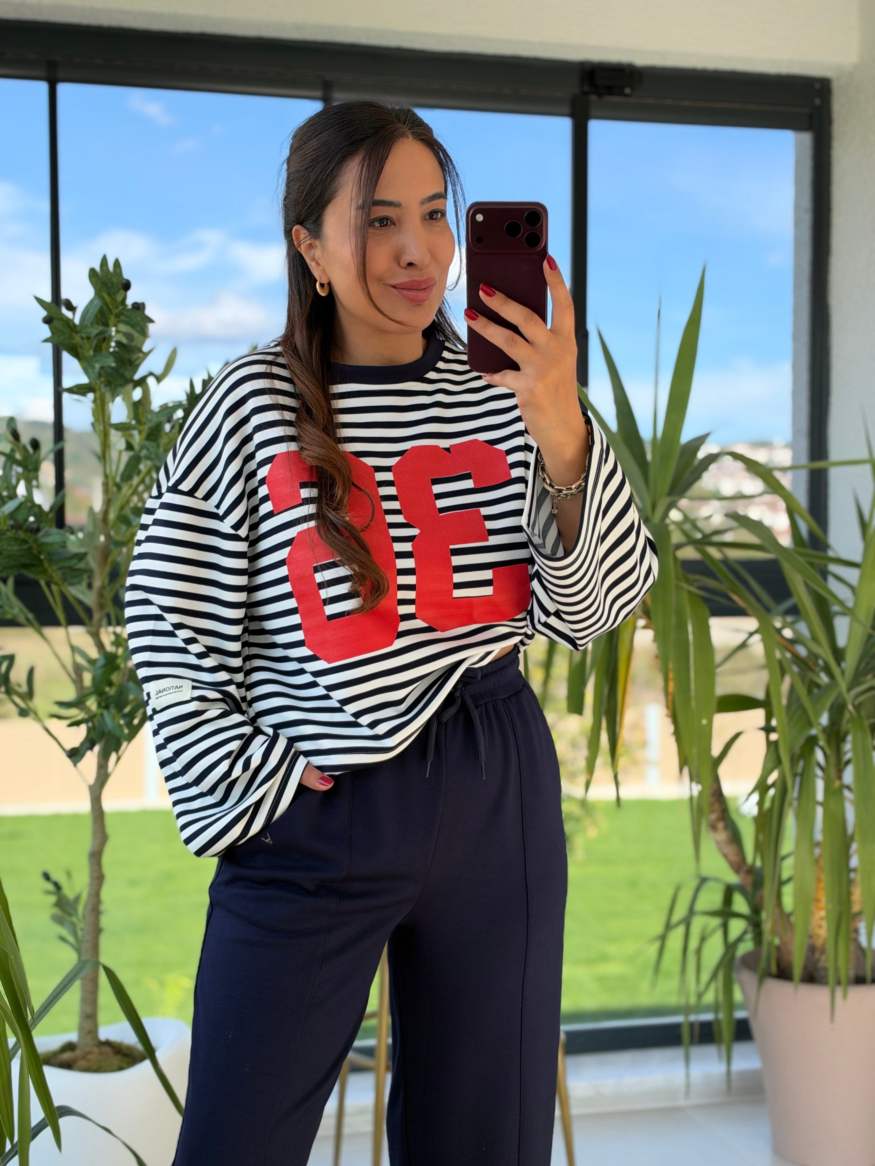 36 Baskılı Çizgili Basic Sweatshirt Lacivert
