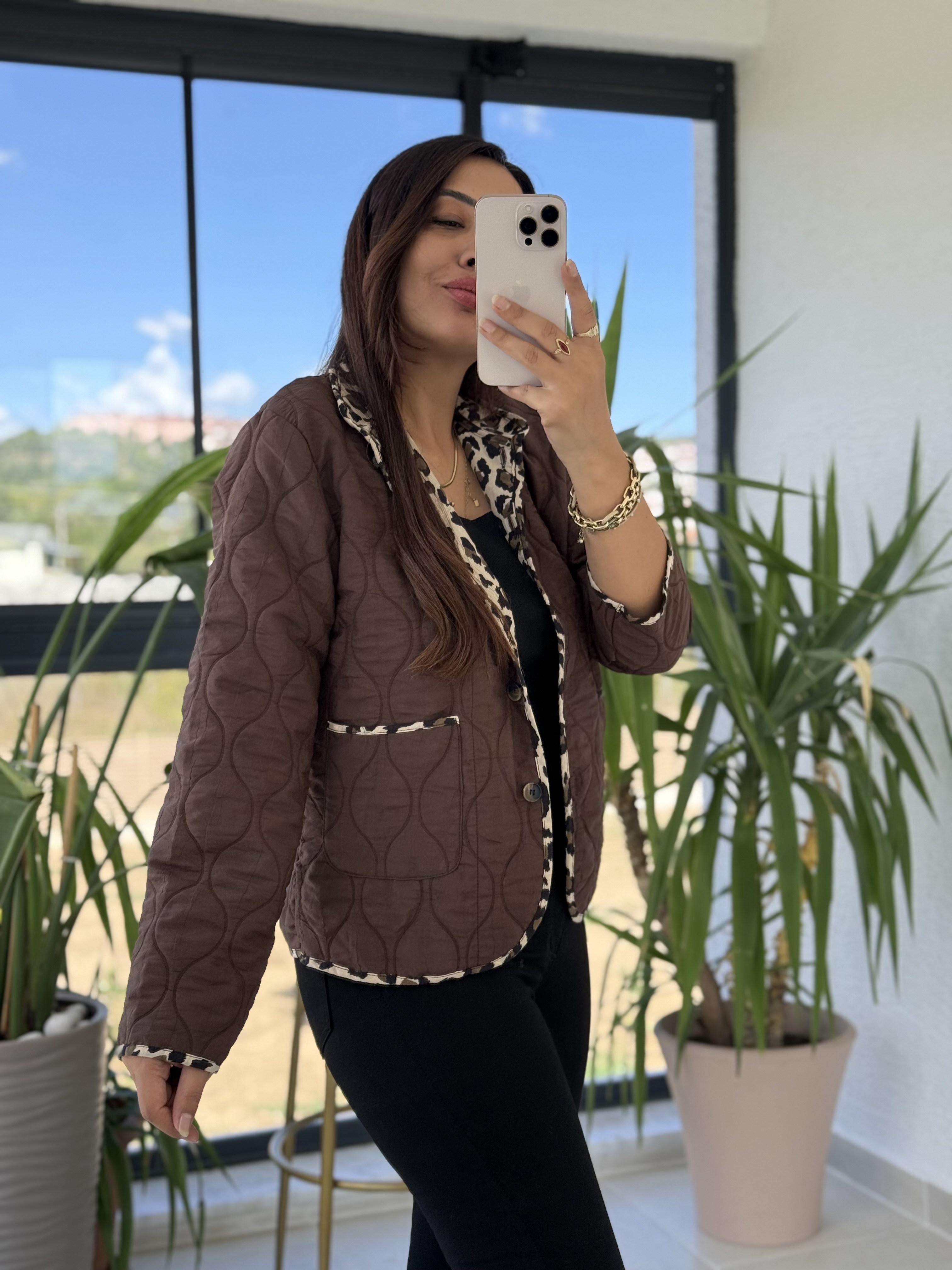 Leopar Biyeli Kapitone Ceket Kahve