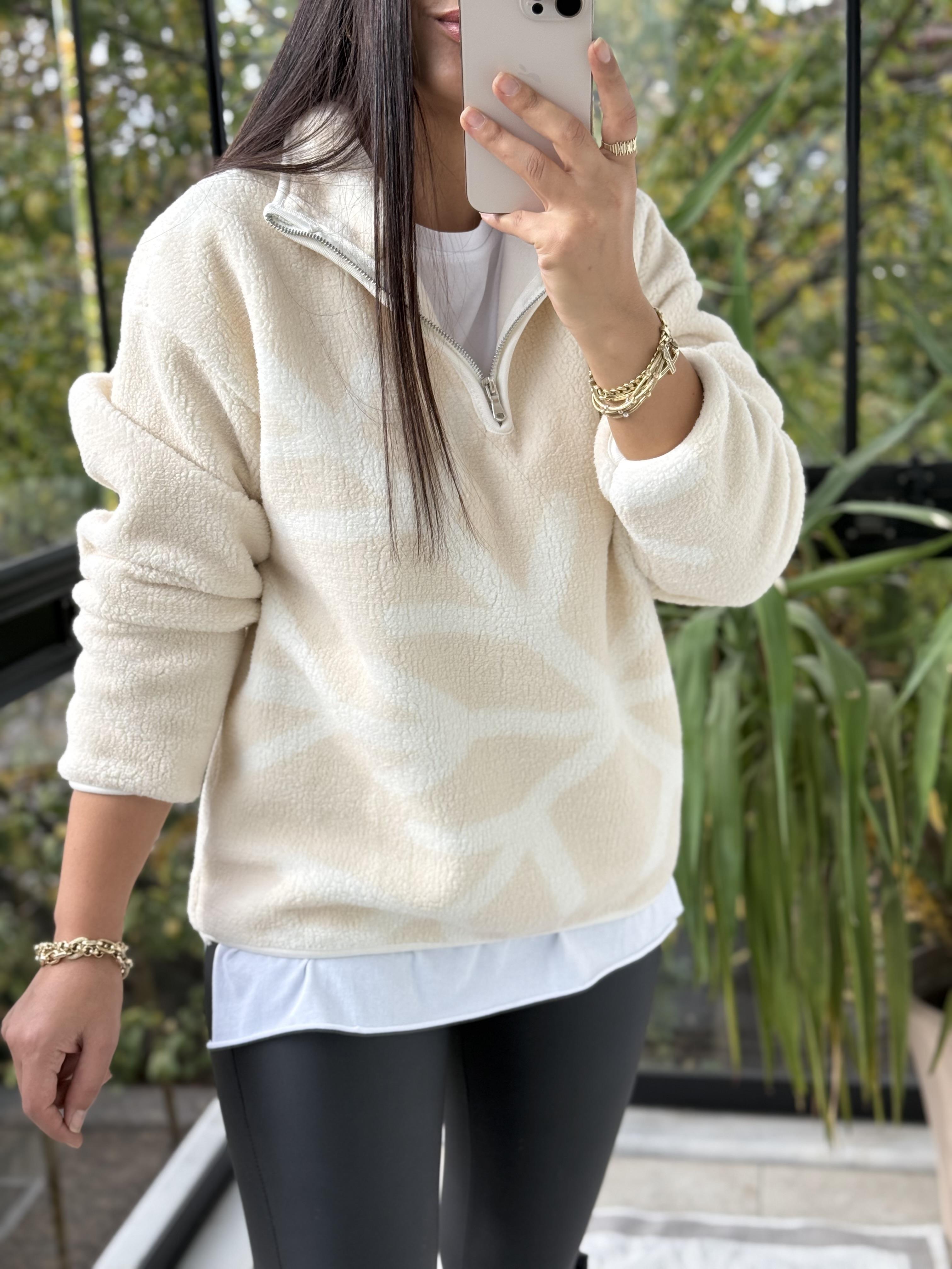 Desenli Fermuarlı Polar Sweat Bej