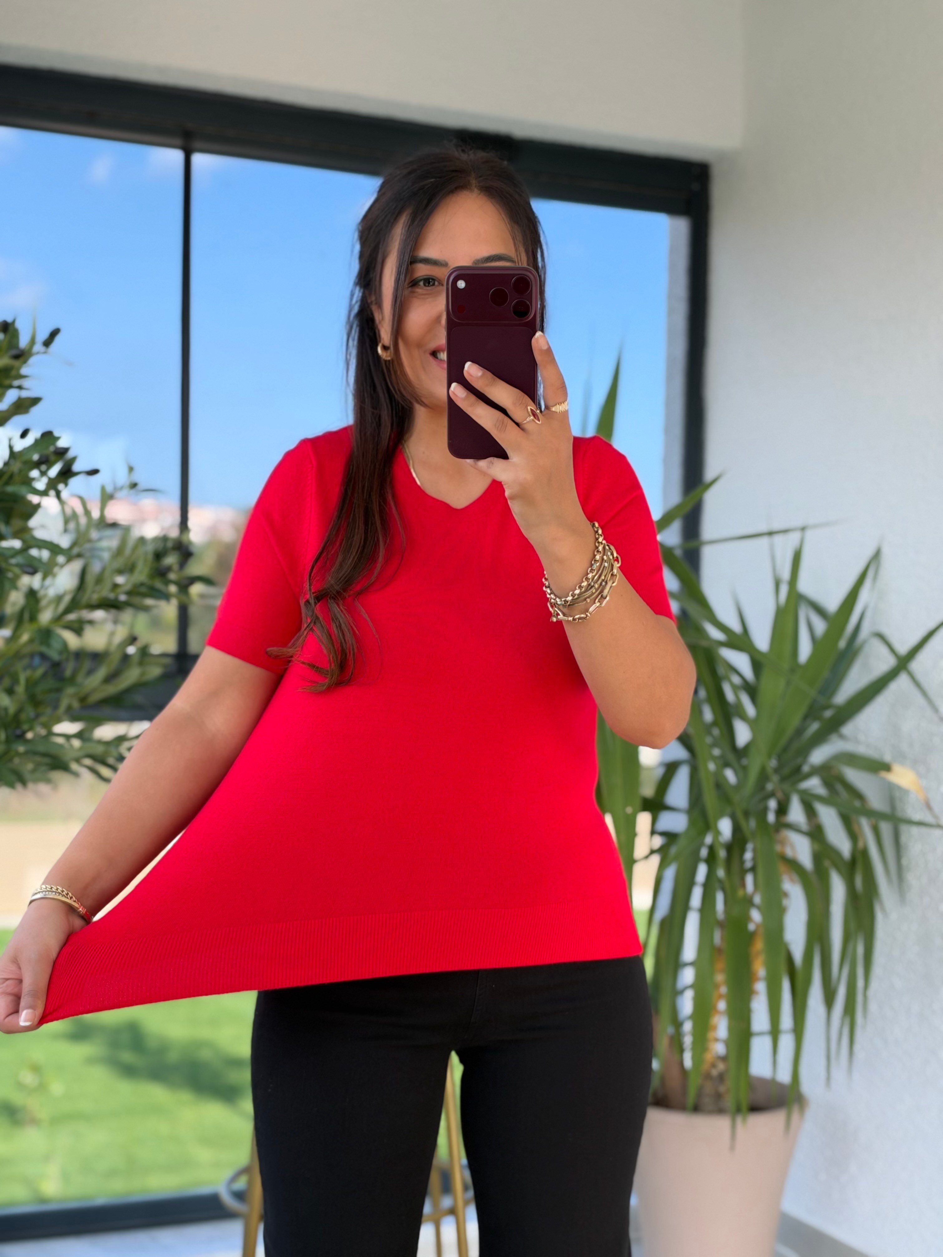 Bisiklet Yaka Kısa Kol Basic Triko Bluz Koyu Kırmızı