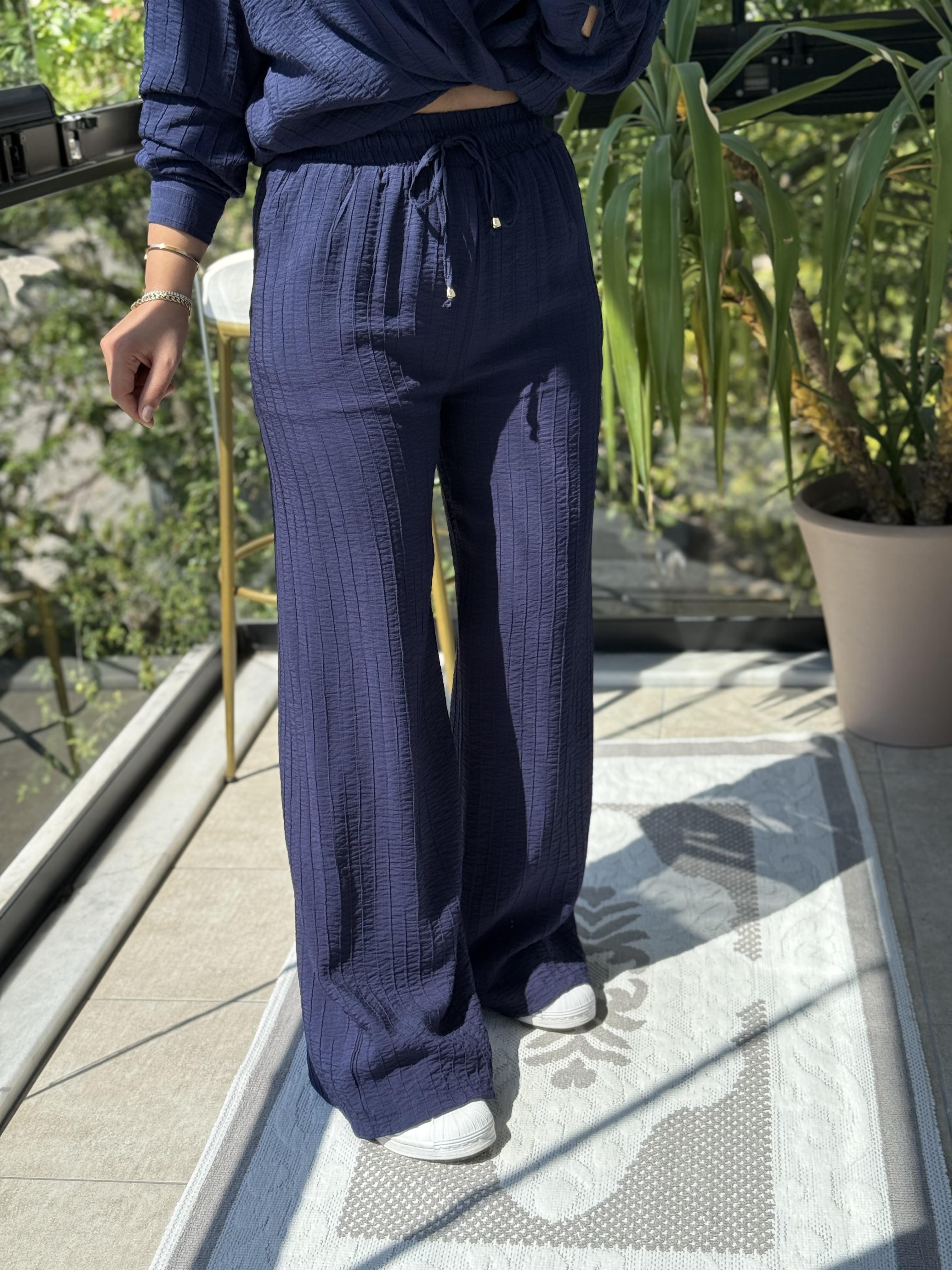 Dikiş Detaylı Palazzo Kumaş Pantolon Lacivert