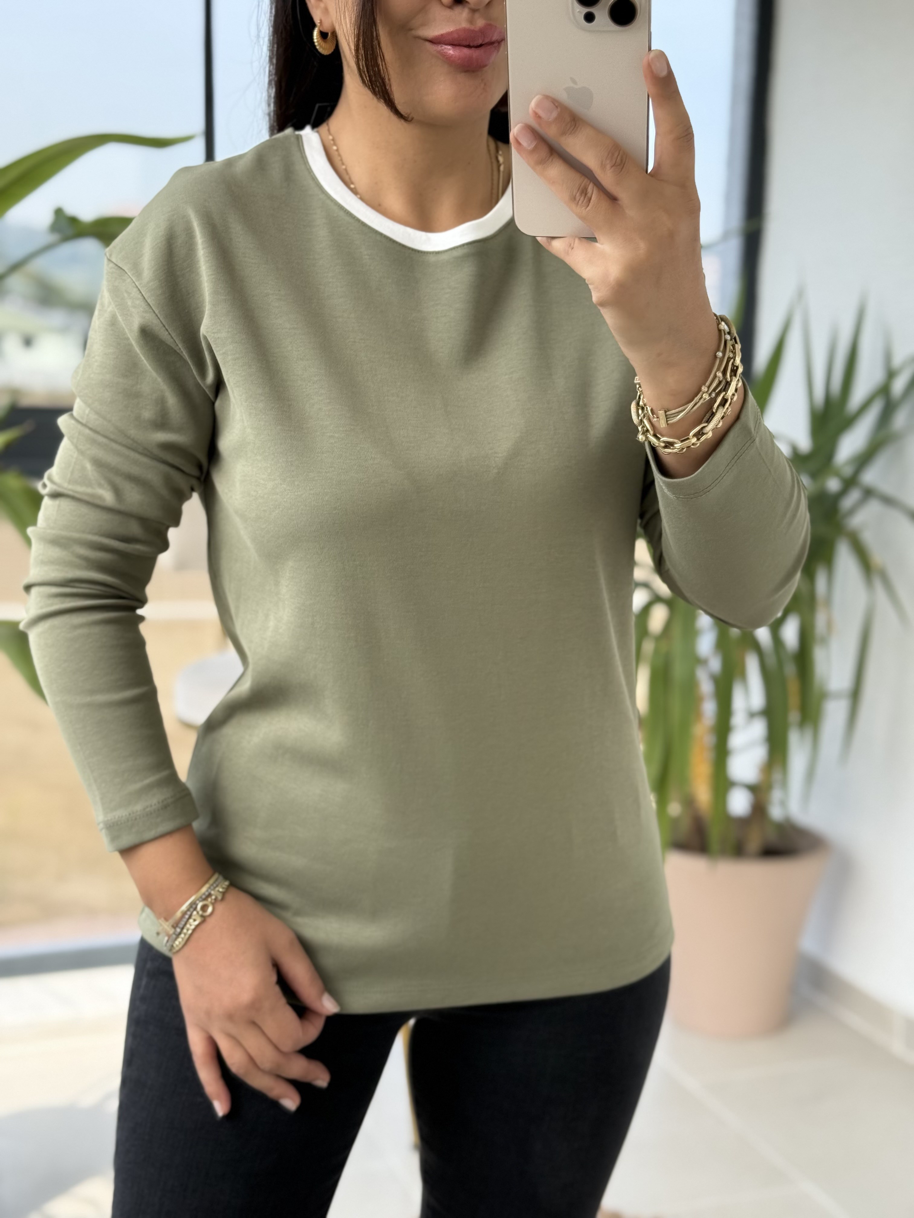 Yakası Biyeli Sweat Bluz Haki Yeşili
