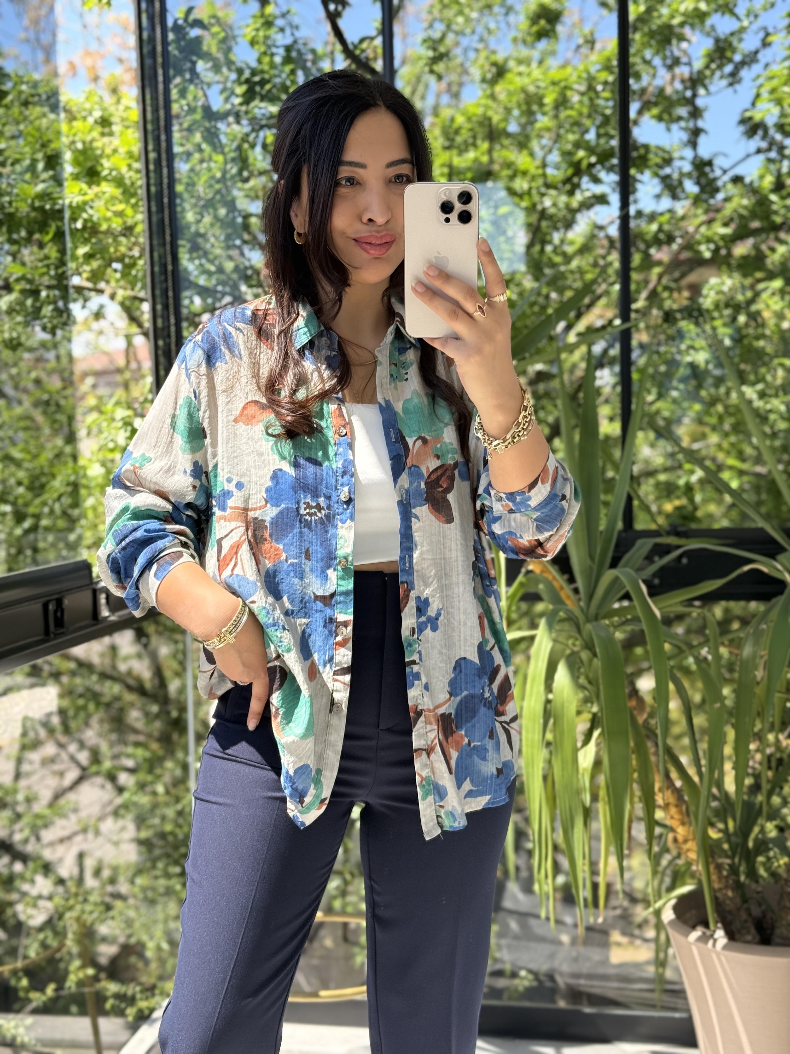 Renk Desenli Gömlek Turkuaz