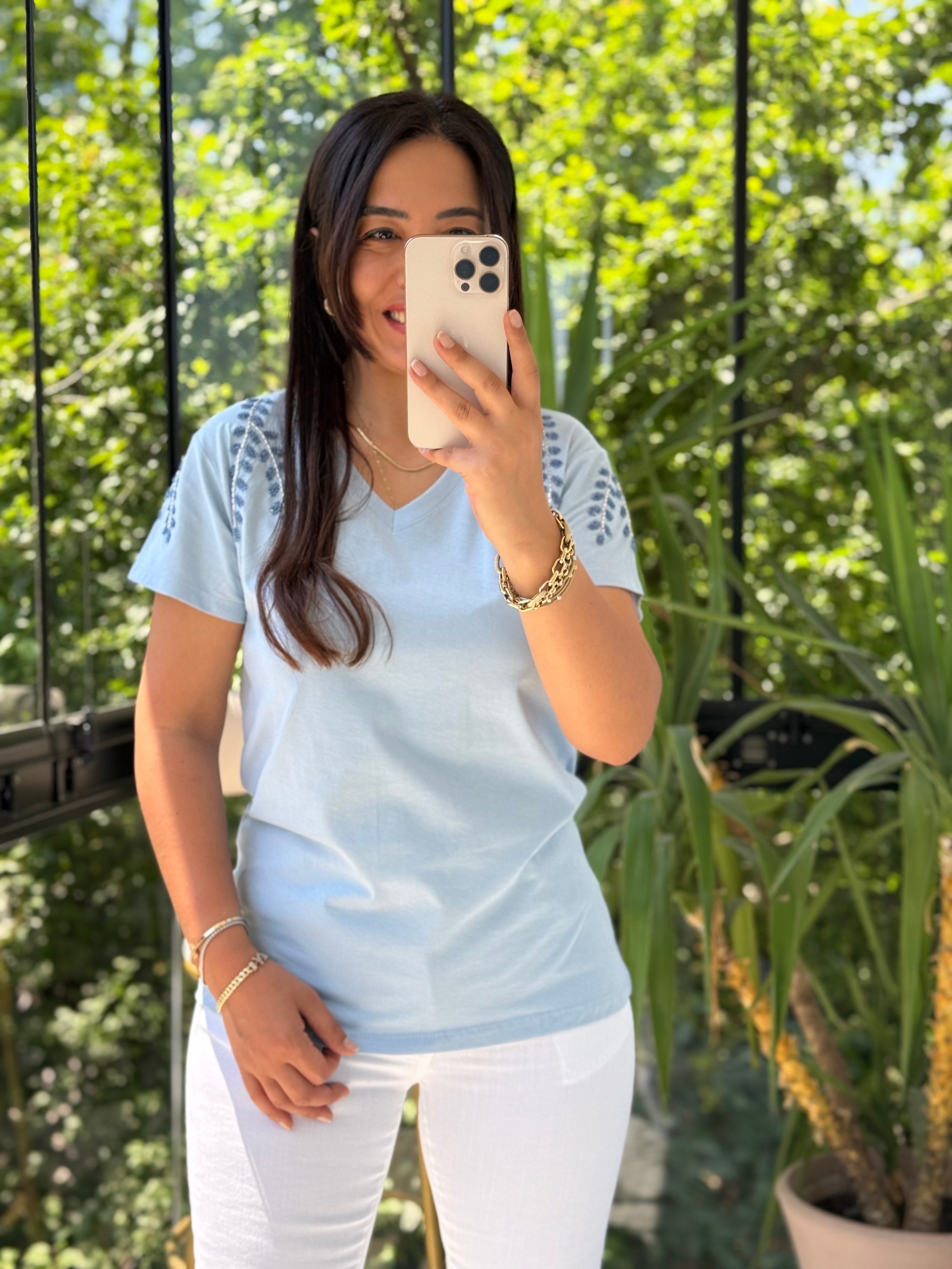 Flora Boncuk Detaylı Tişört Bebe Mavi