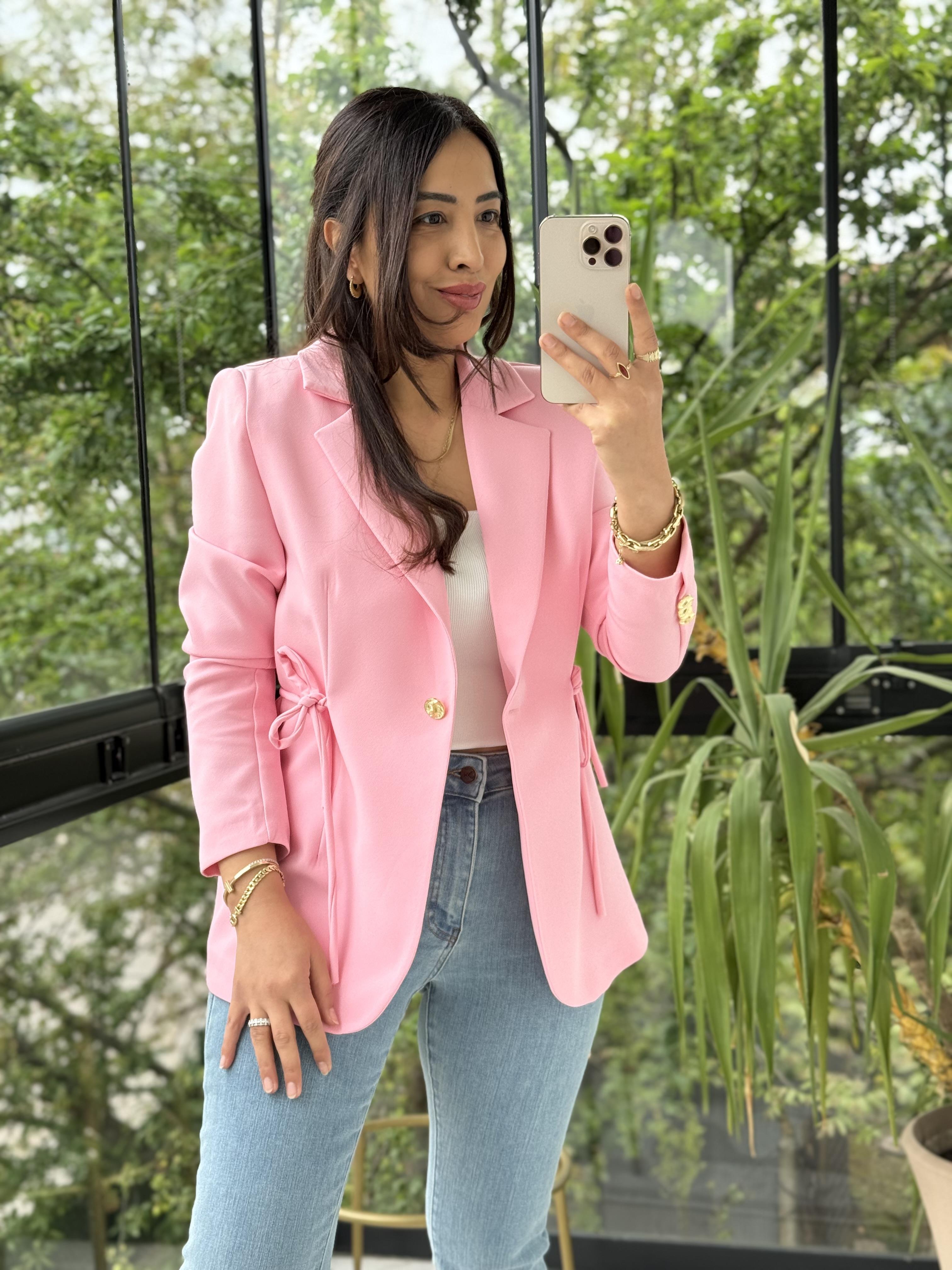 Yanı Bağcıklı Slim Blazer Ceket Pembe