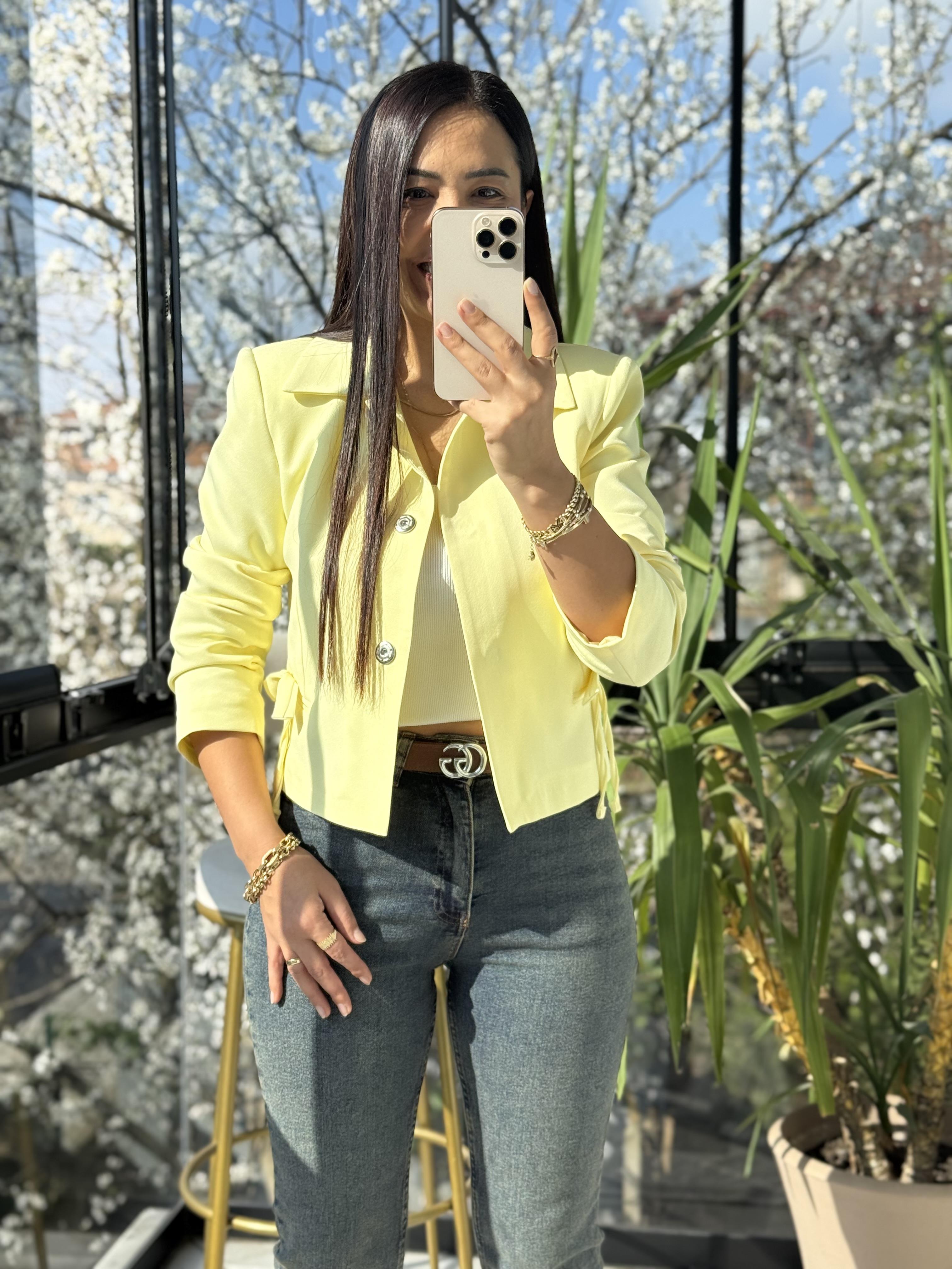 Uzun Kol Fiyonklu Blazer Ceket Sarı