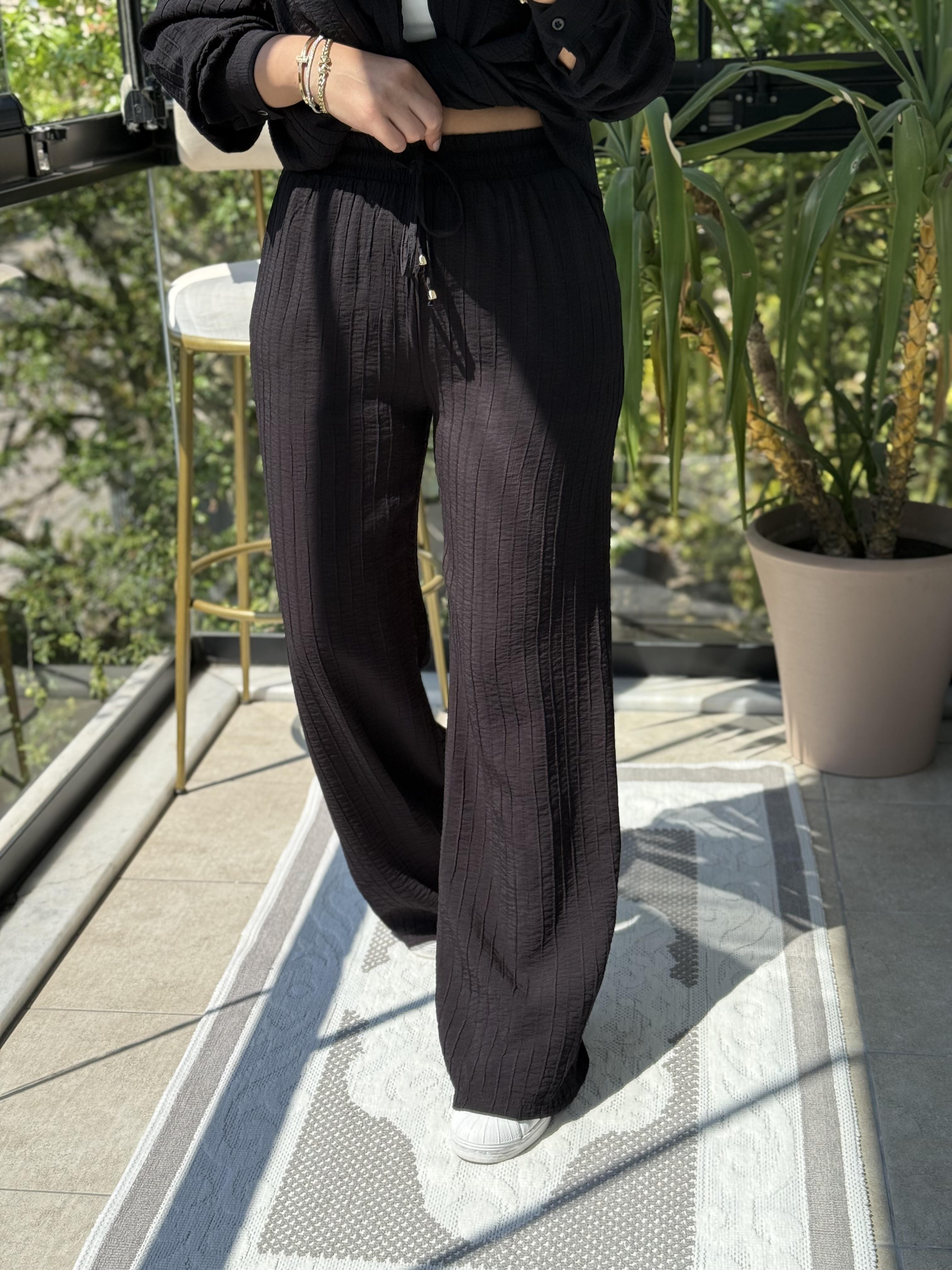 Dikiş Detaylı Palazzo Kumaş Pantolon Siyah