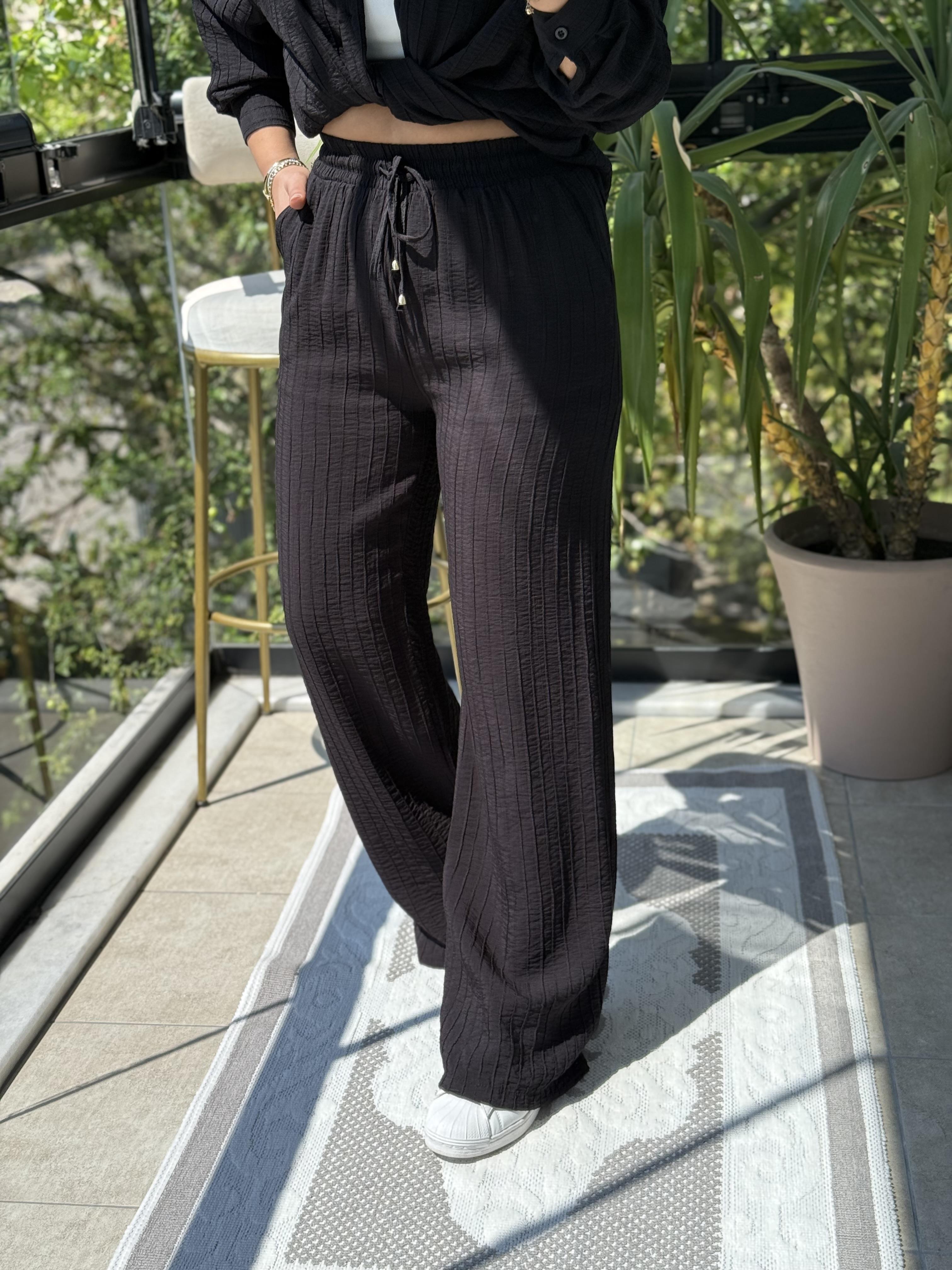 Dikiş Detaylı Palazzo Kumaş Pantolon Siyah