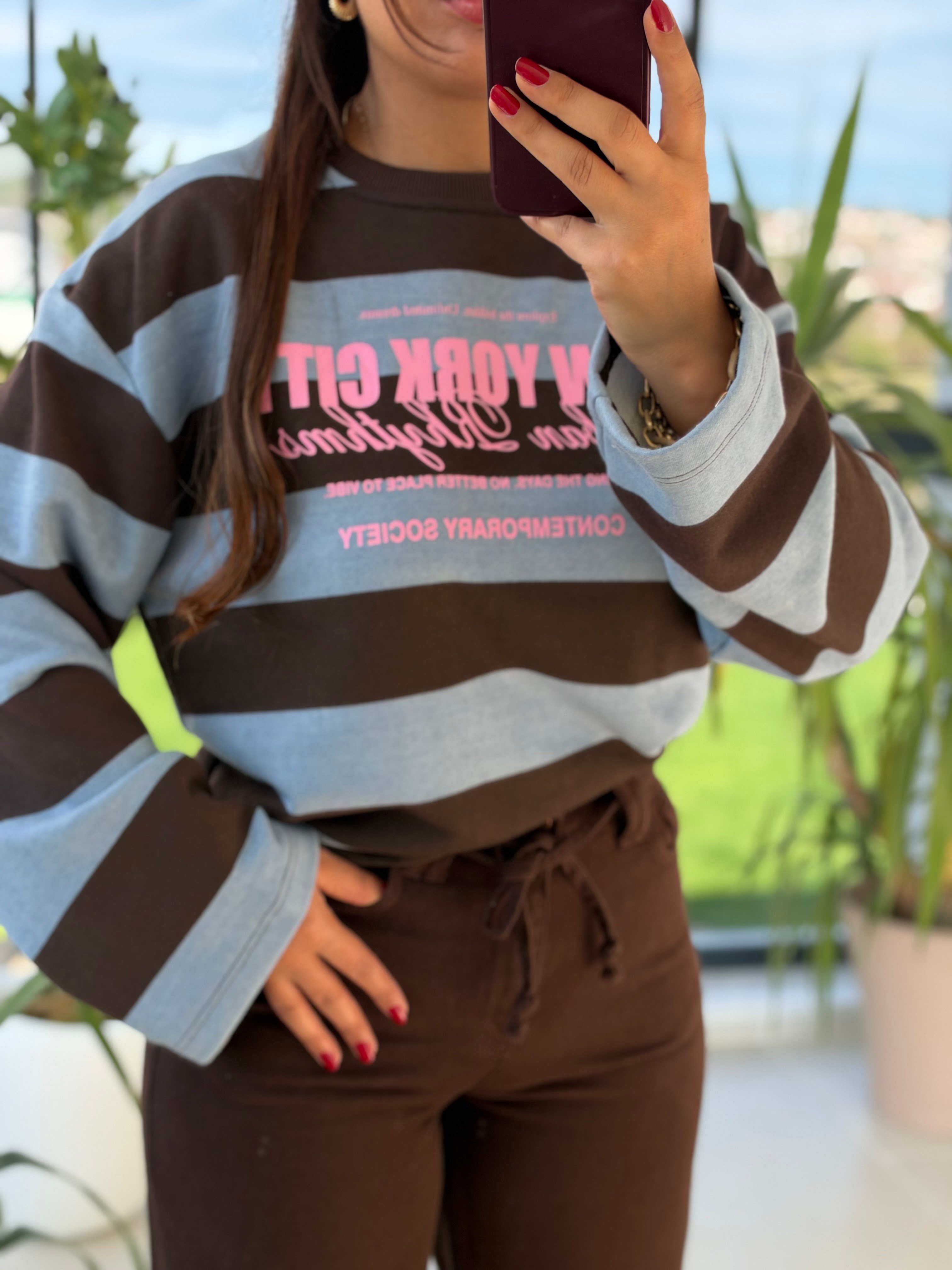 Kalın Çizgili New York Ctiy Sweatshirt Bebe Mavi