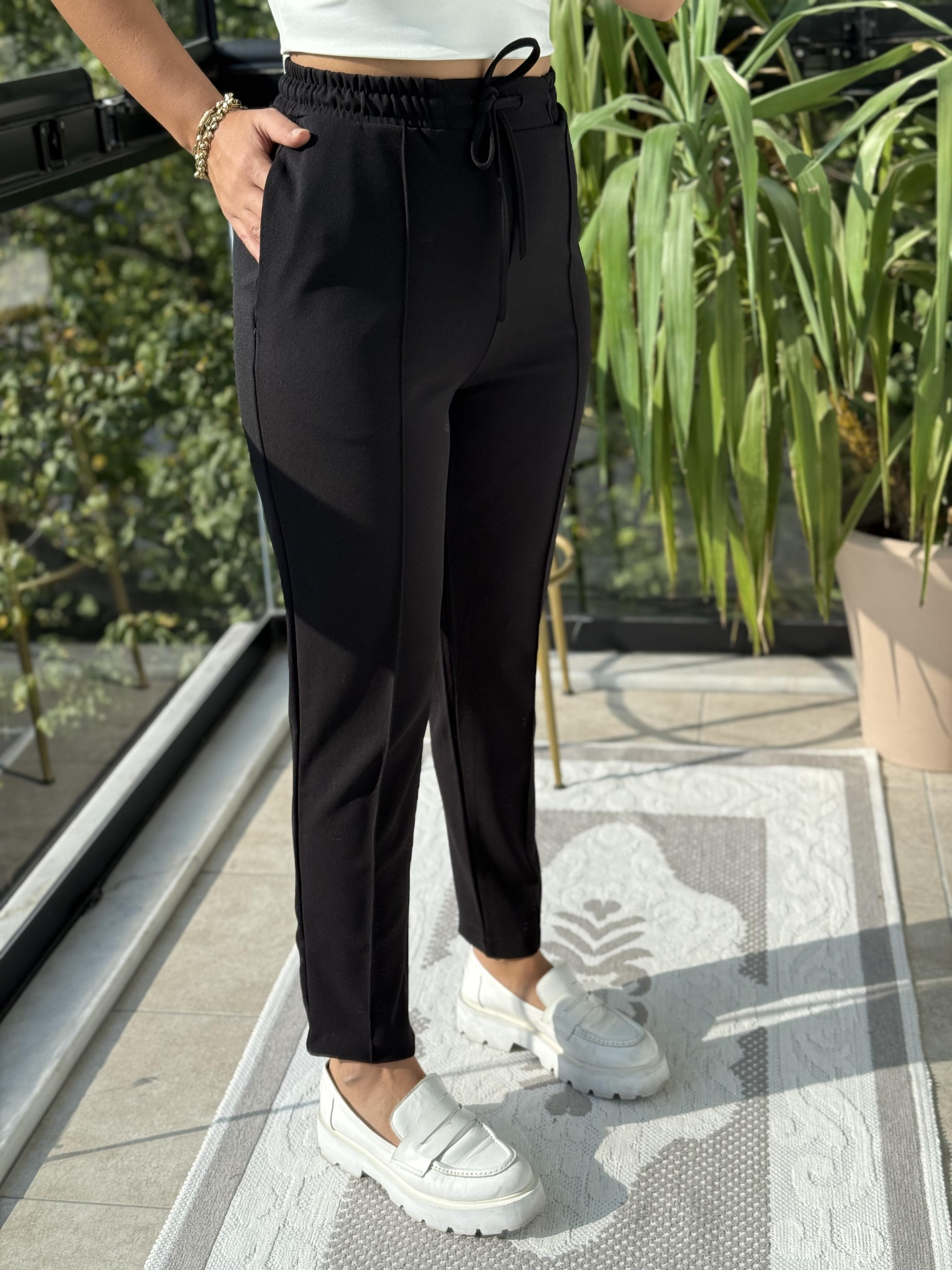 Beli Lastikli Çimalı Havuç Pantolon Siyah